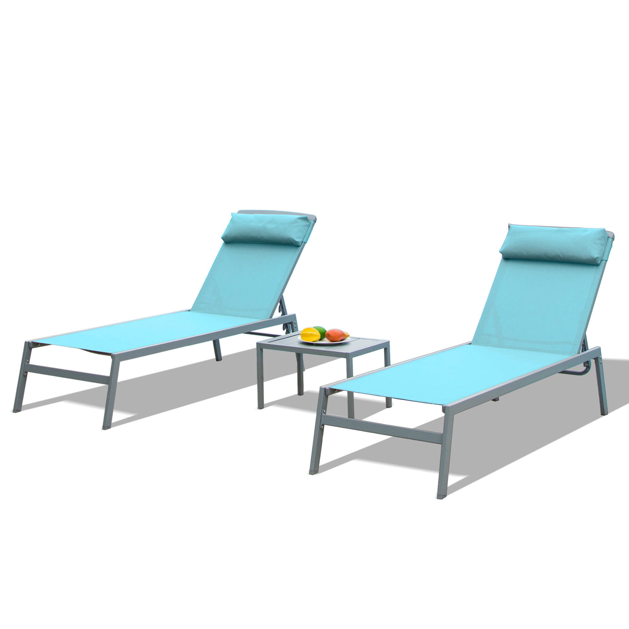 Patio Chaise Lounge Set, 3 Pieces Aluminum Adjustable Pool Lounge Chairs Textilene Sunbathing Recliner With Headrest   Lake Blue,2 Lounge Chairs   1 Table