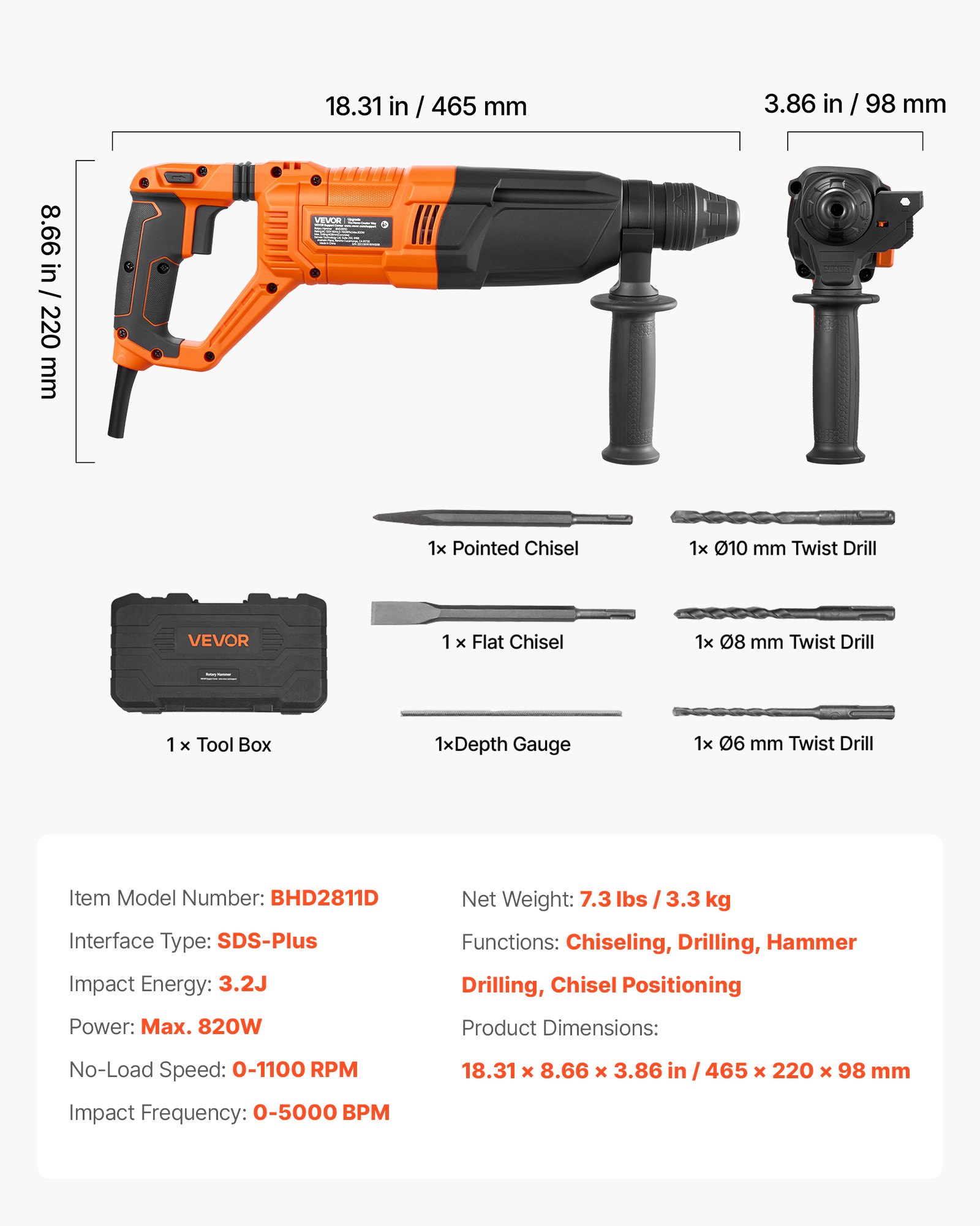 Rotary Hammer Drill, 1-1/8 In SDS-Plus Electric Corded Heavy Duty Rotary Hammer, 4 Functions, Including 3 Drill Bits, Flat Chisel, Pointed Chisel, And Carrying Case, For Concrete And Masonry