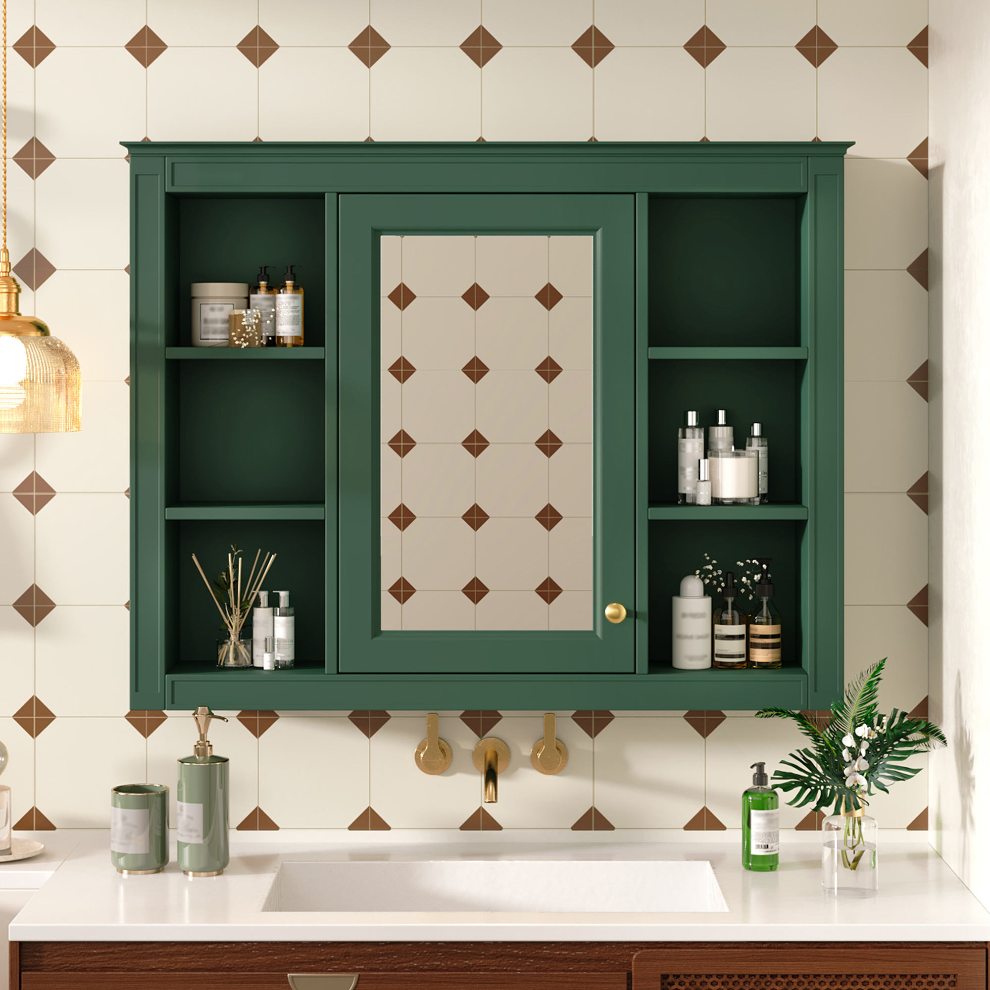 Gabinete de baño con espejo de 35 x 28 pulgadas y 6 estantes abiertos