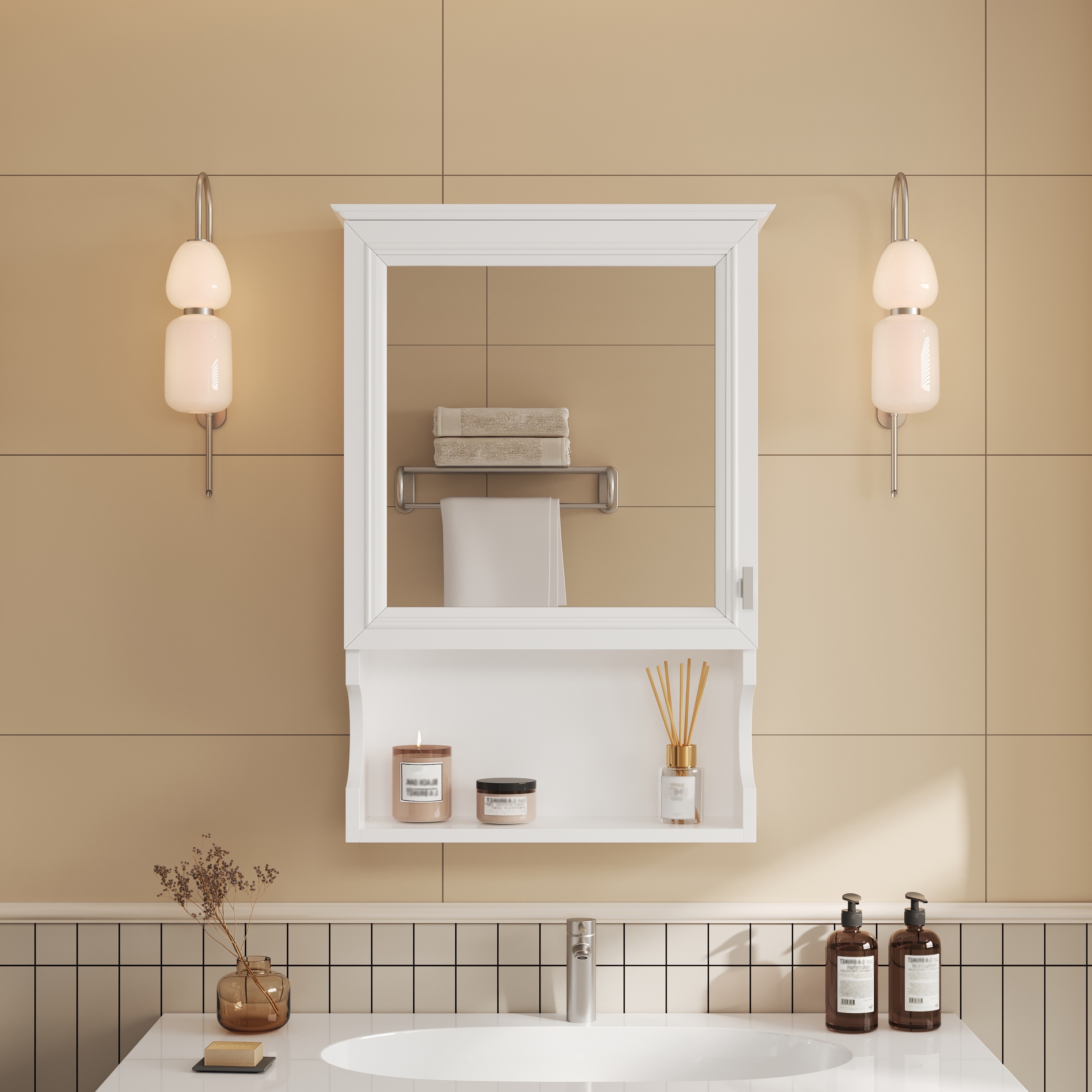 Gabinete de almacenamiento para baño, montado en pared, con espejo y puerta