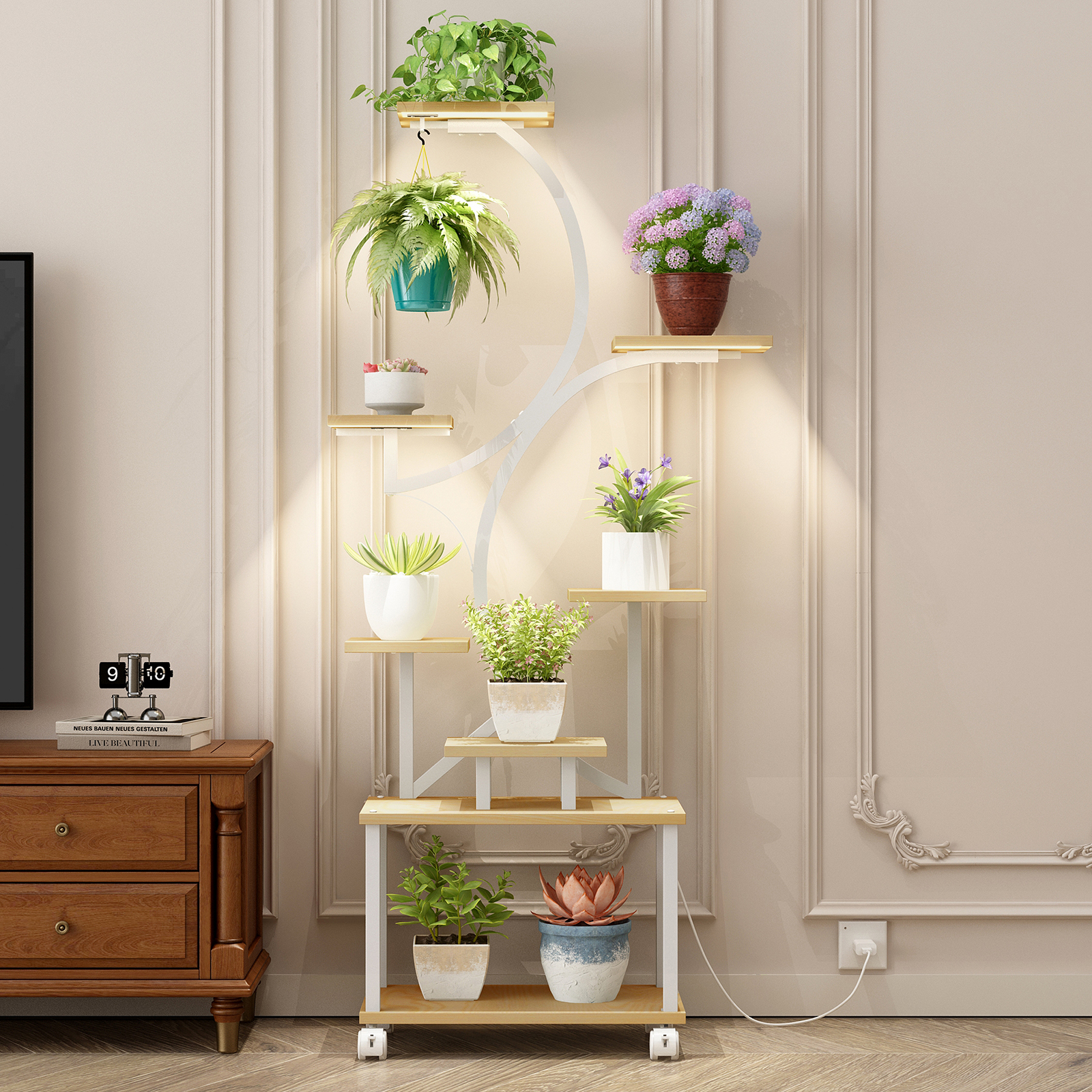 Soporte para plantas de interior con luces de crecimiento, 62 pulgadas, 8 niveles, color natural