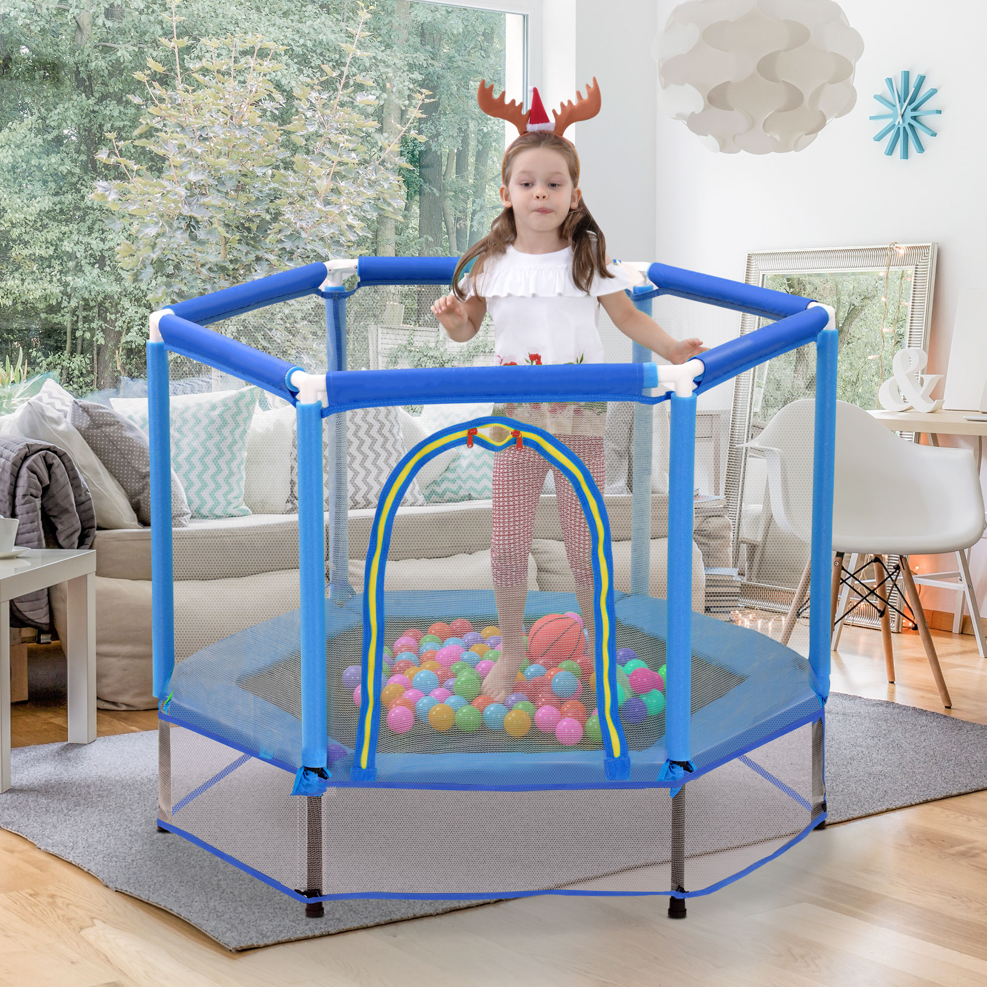 55   Toddlers Trampoline With Safety Enclosure Net And Balls, Indoor Outdoor Mini Trampoline For Kids