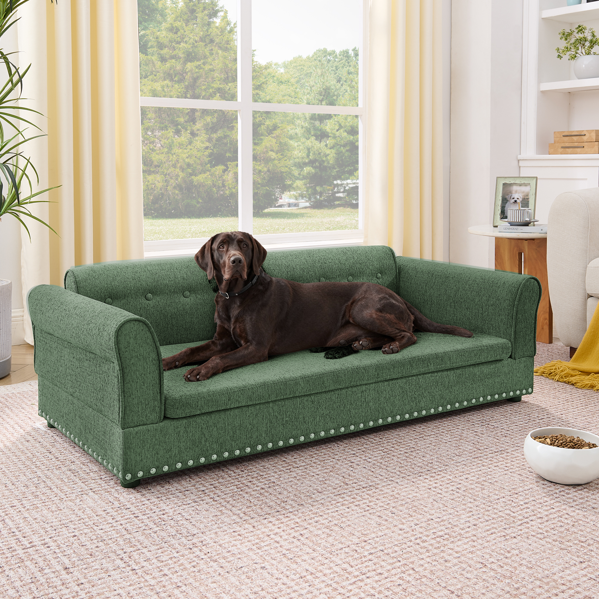 Sofá para mascotas grande de lino elevado con respaldo y reposabrazos, verde oliva