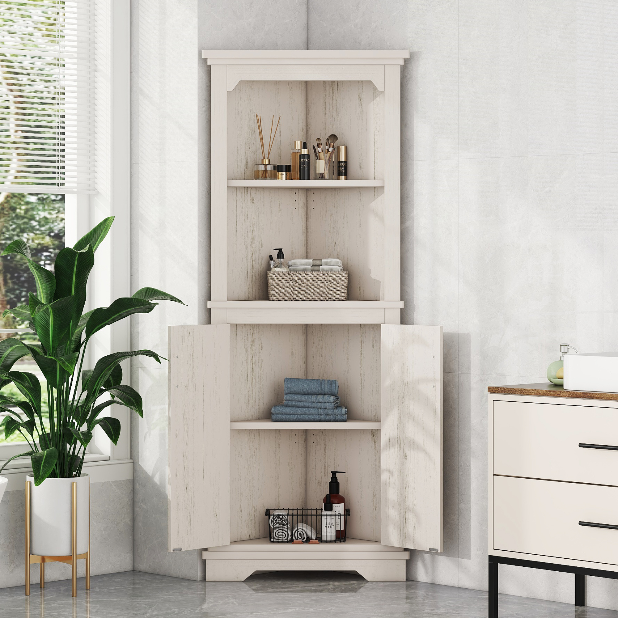 Gabinete esquinero alto con puertas para sala, baño, comedor o cocina, beige