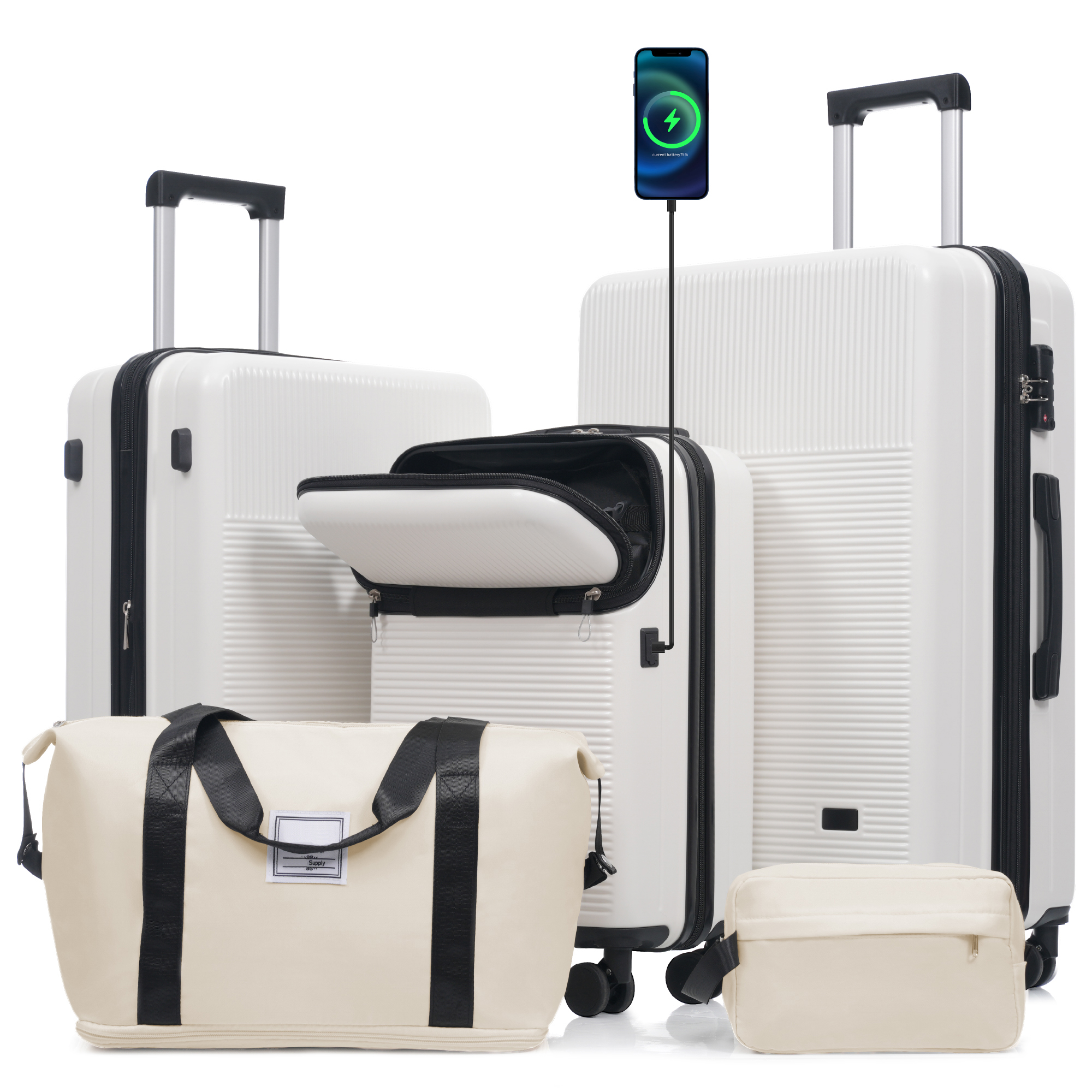 Luggage Sets 5 Piece With Half-opening, Hardside Carry On Suitcase Set With Double Spinner Wheel, Lightweight Travel Luggage With USB Port,TSA Locks