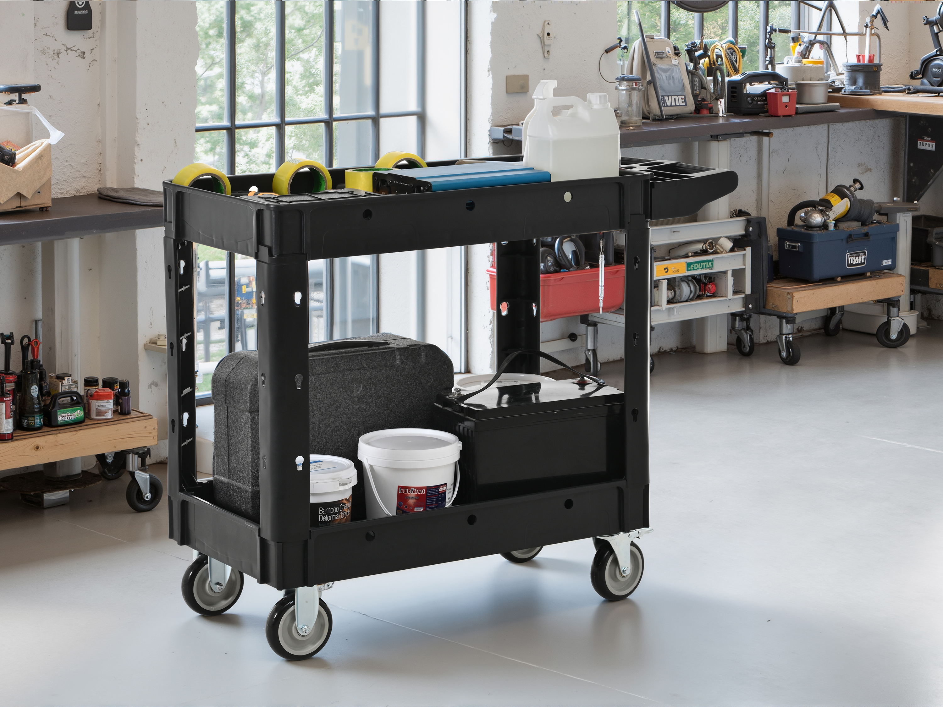 Carro de servicio de 2 estantes con ruedas, 600 libras de capacidad, para interior/exterior