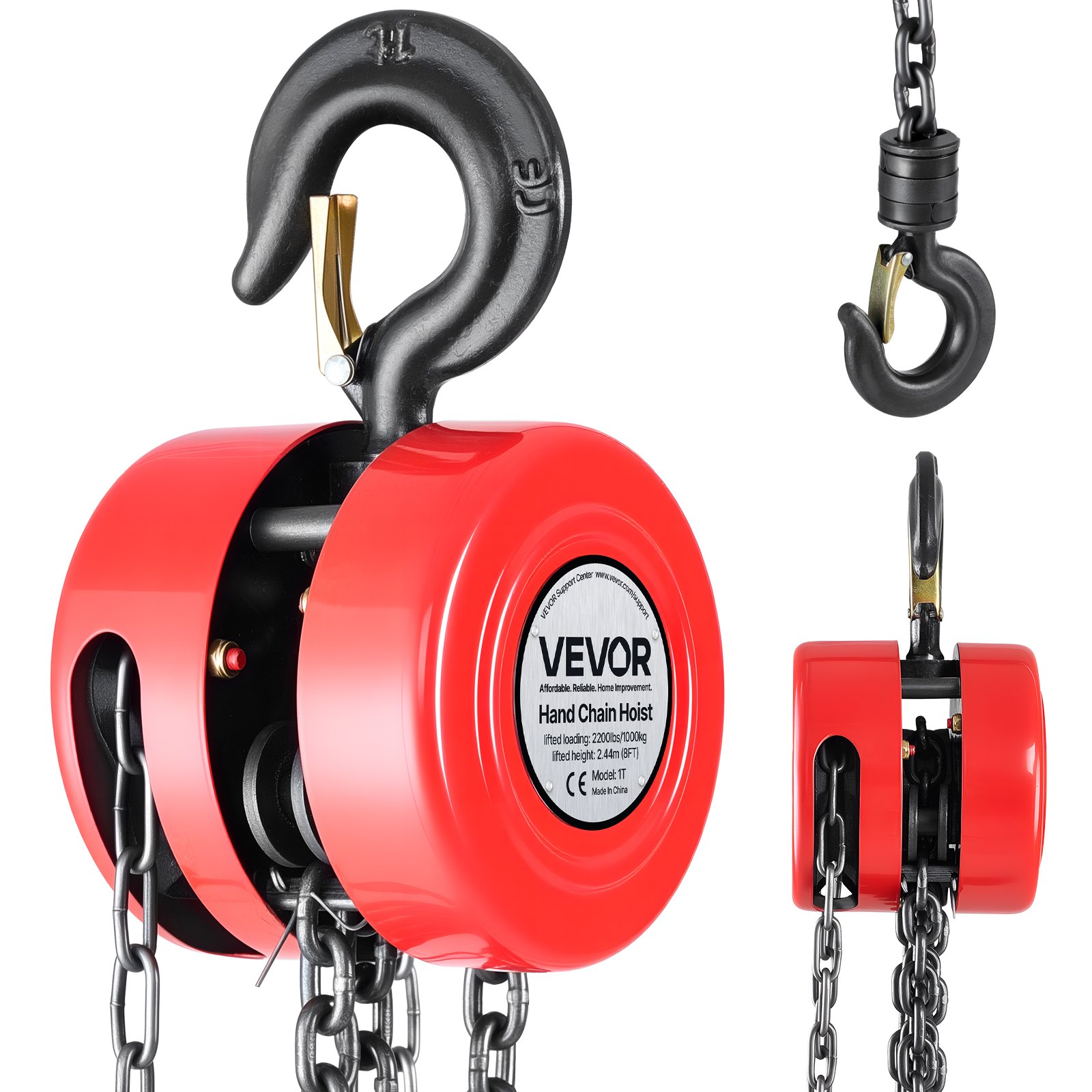 Hand Chain Hoist, 1 Ton 2200 Lbs Capacity, Manual Chain Block With Upgrade G70 Galvanized Chain, 8 Ft Lifting Height, Heavy Duty Pulley Hoist For Garage Warehouse Automotive Machinery, Red