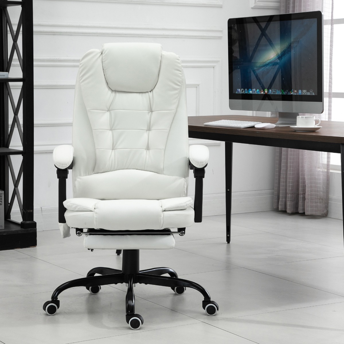 Silla de oficina ejecutiva con masaje vibratorio, reclinable, reposapiés, blanca