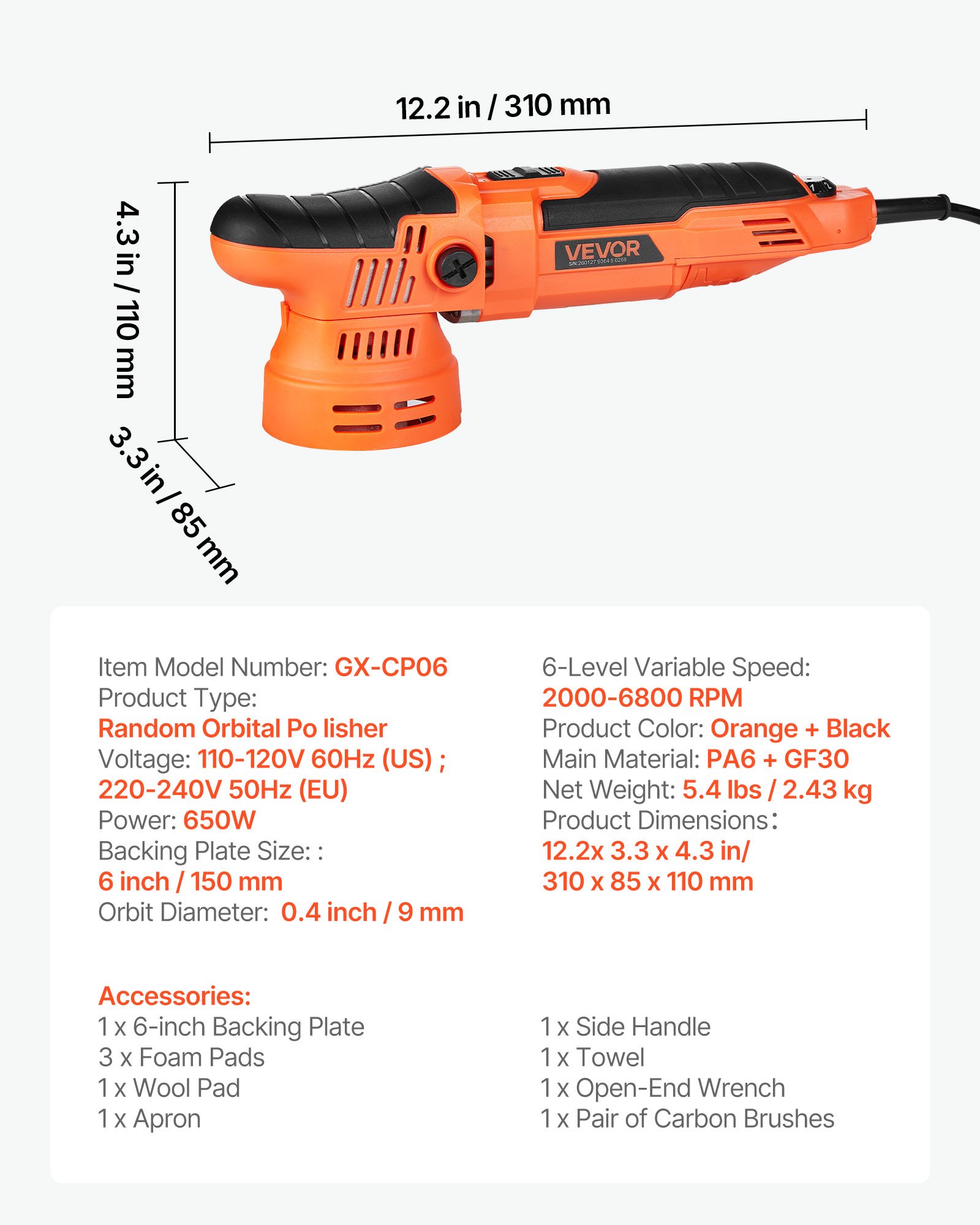 Car Buffer Polisher, 6-Inch Dual Action Polisher Buffer Waxer, 650W 6 Variable Speeds 2000-6800RPM Random Orbital Polisher Kit For Cars Detailing, Waxing, Polishing
