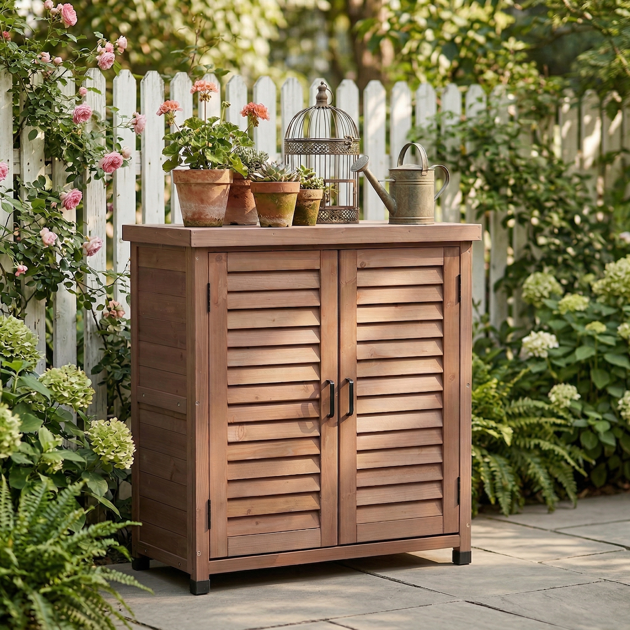 Mesa de jardinería de madera con gabinete y cubierta metálica, 31.5x17x36 pulgadas