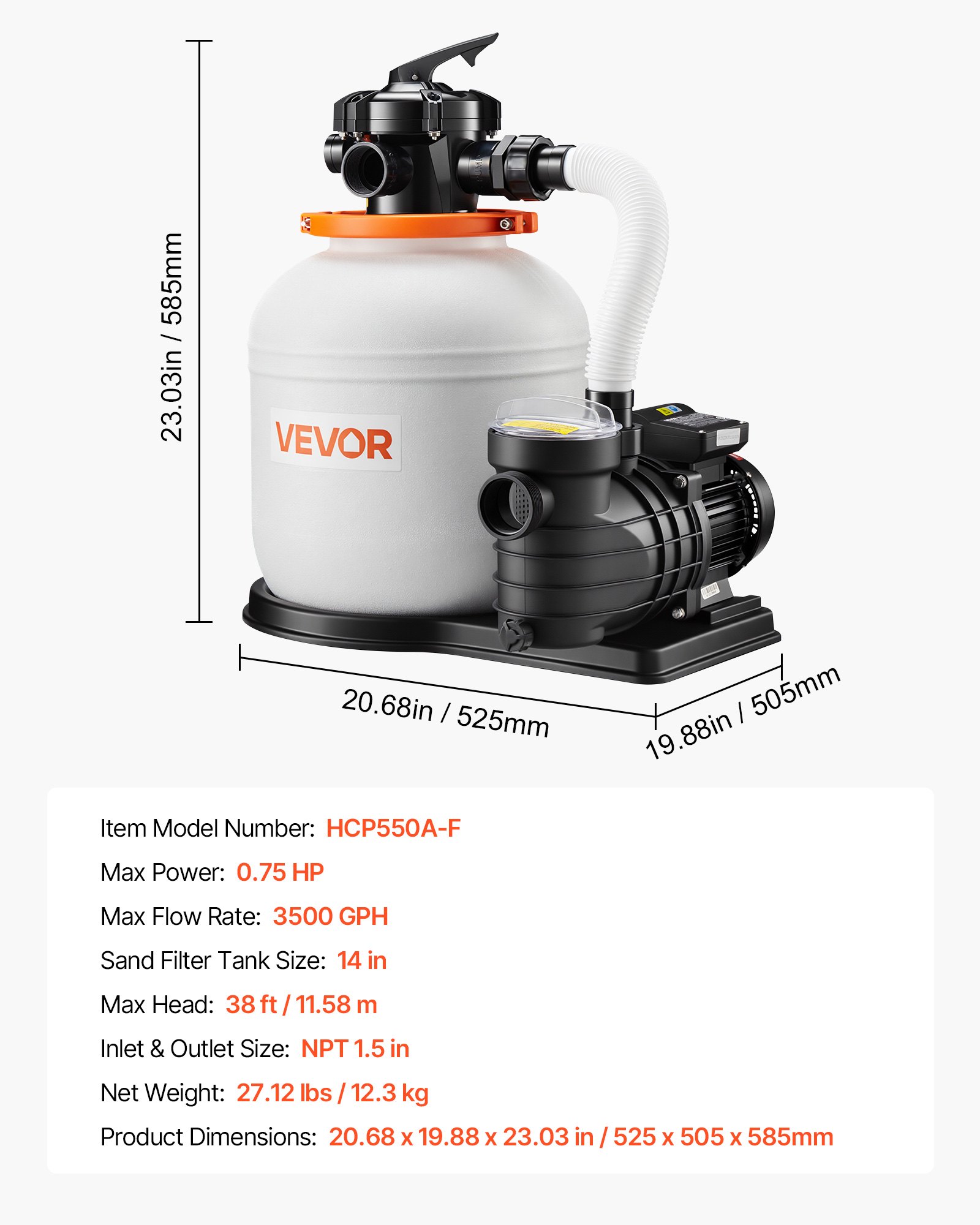 Bomba de filtro de arena FlashPure de 14 pulgadas para piscina elevada, 0.75 HP