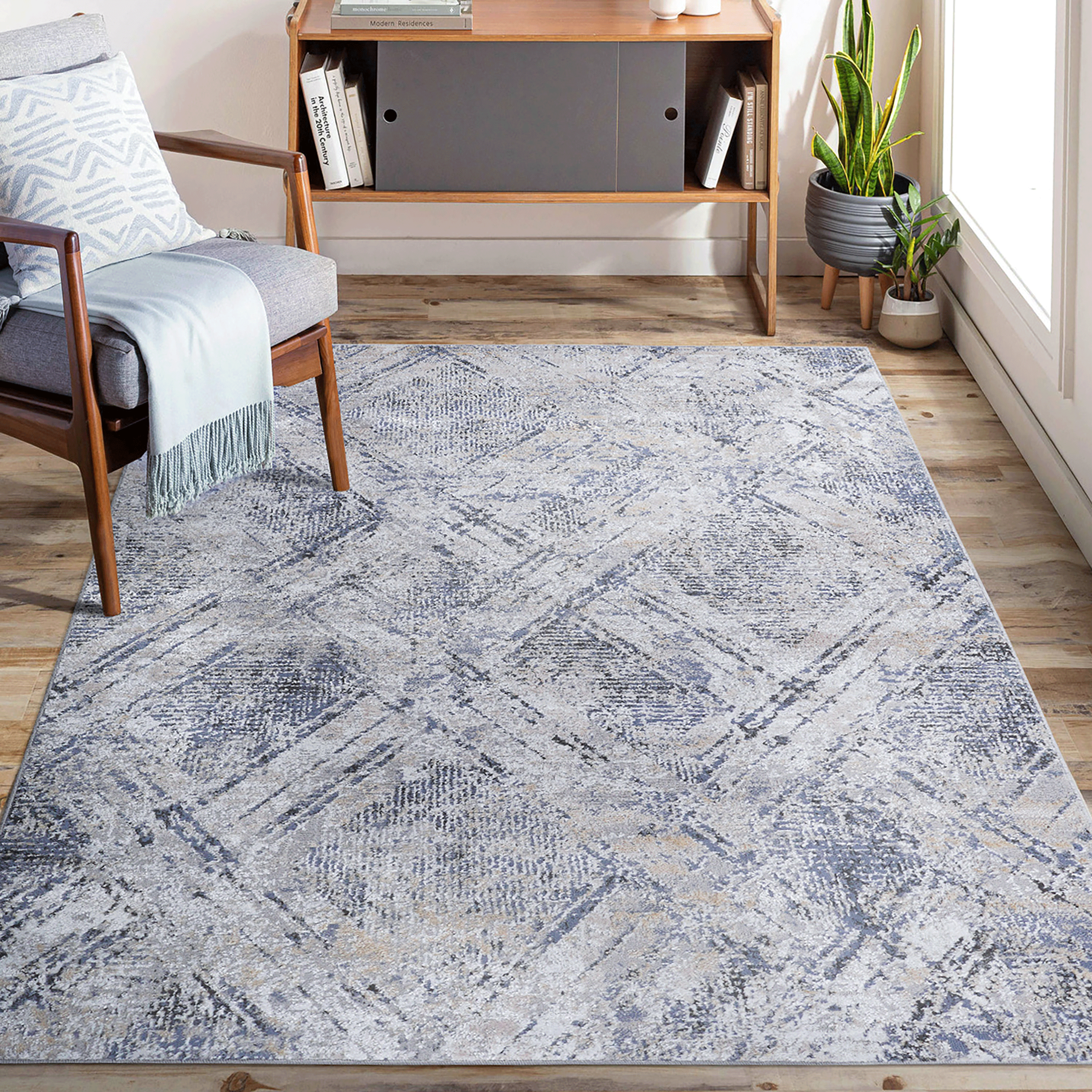 Alfombra de área PAYAS, 6x9 pies, geométrica azul gris