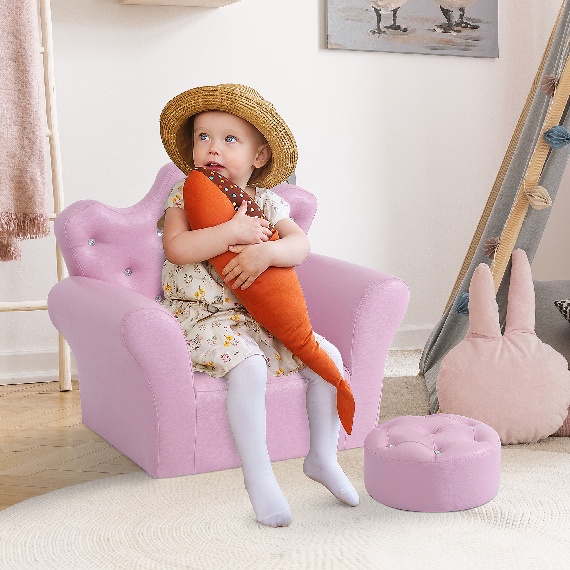 Juego de sofá para niños con reposapiés, estilo princesa, decoración de diamantes