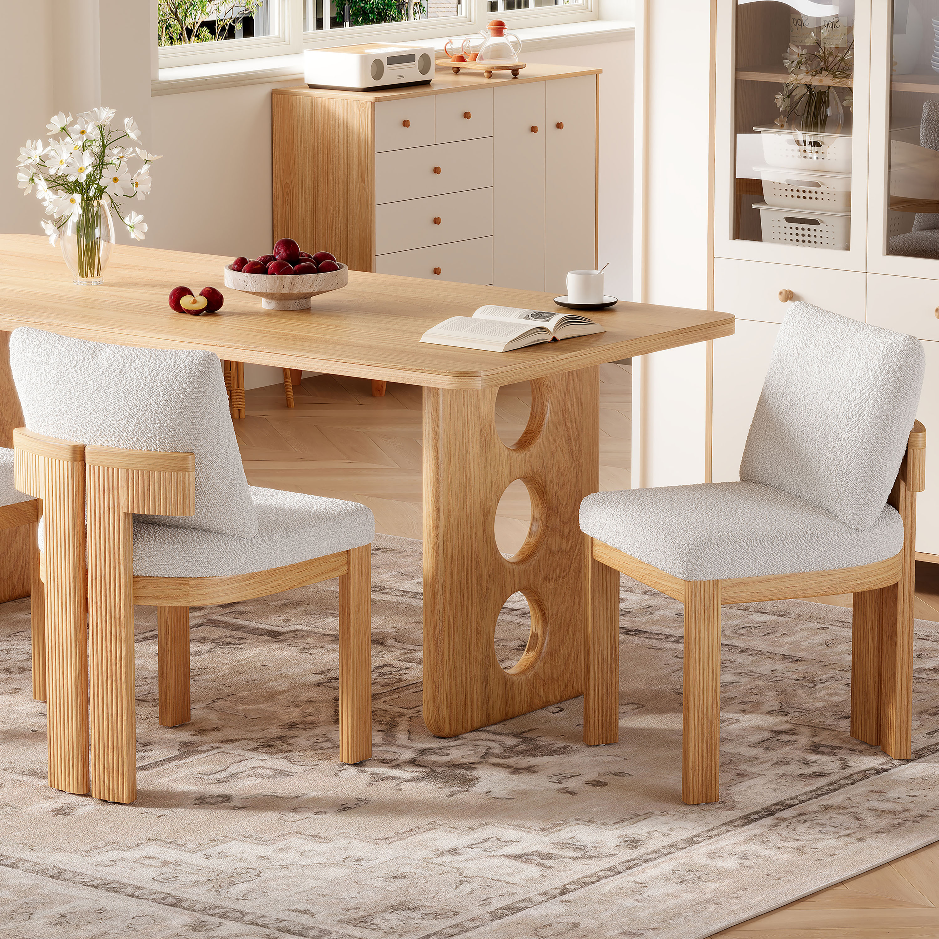 Silla de comedor Boucle, juego de 2, marco de madera, soporta 250 libras, beige
