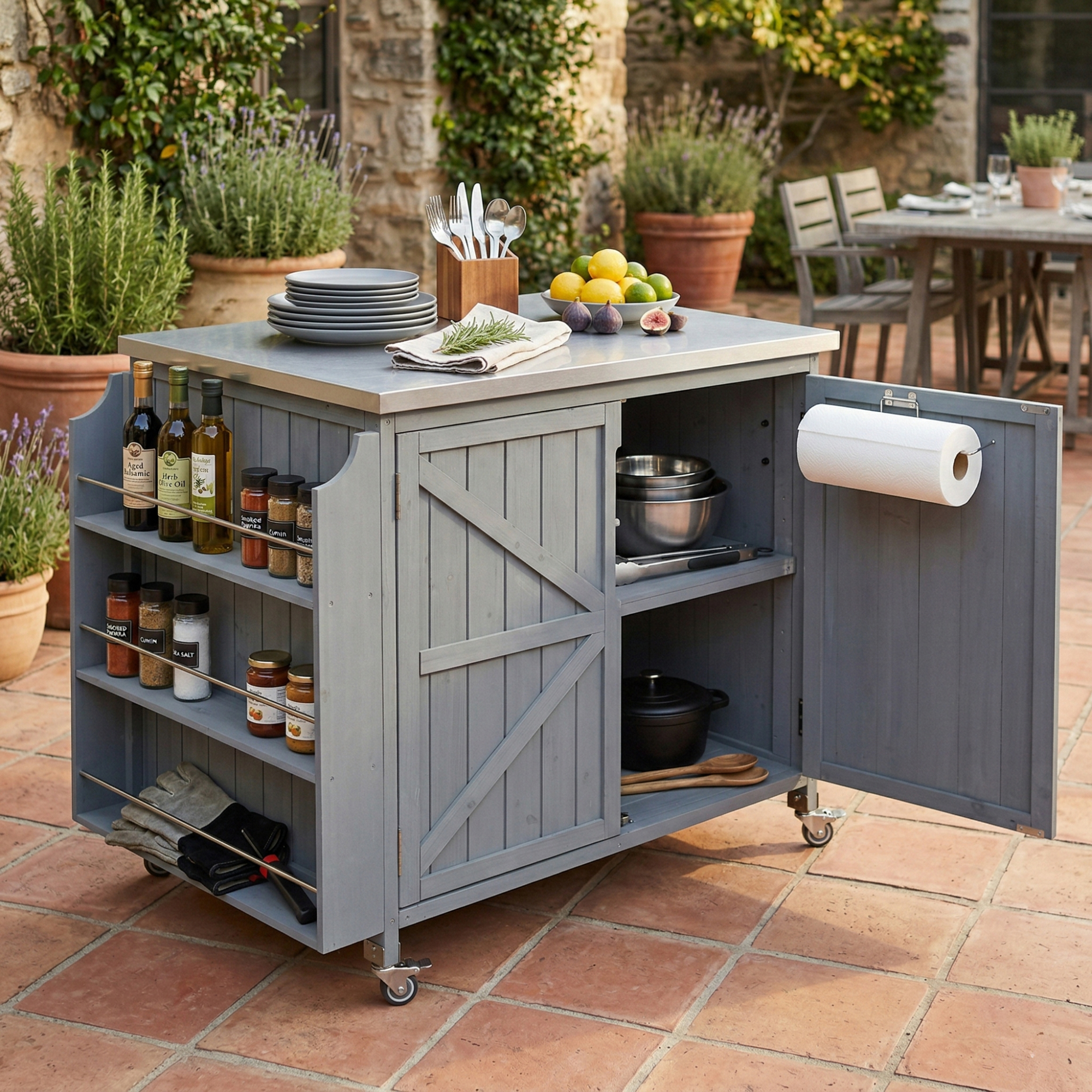 K&K 42.1 Isla de Cocina Exterior con Estante Lateral y Gabinete, Cubierta de Acero Inoxidable