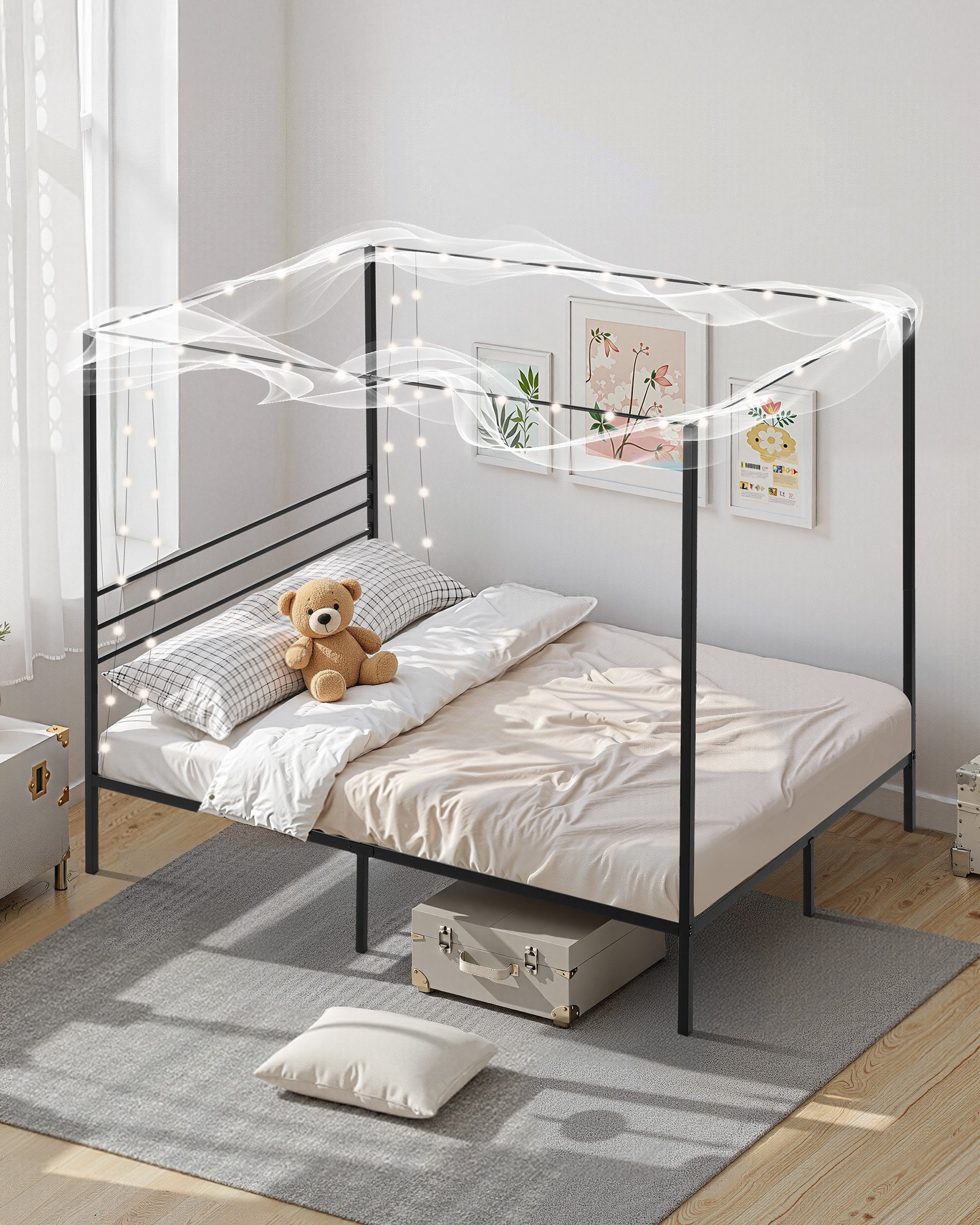 Estructura de cama con dosel tamaño Queen, metal, 4 postes, listones de acero, negra
