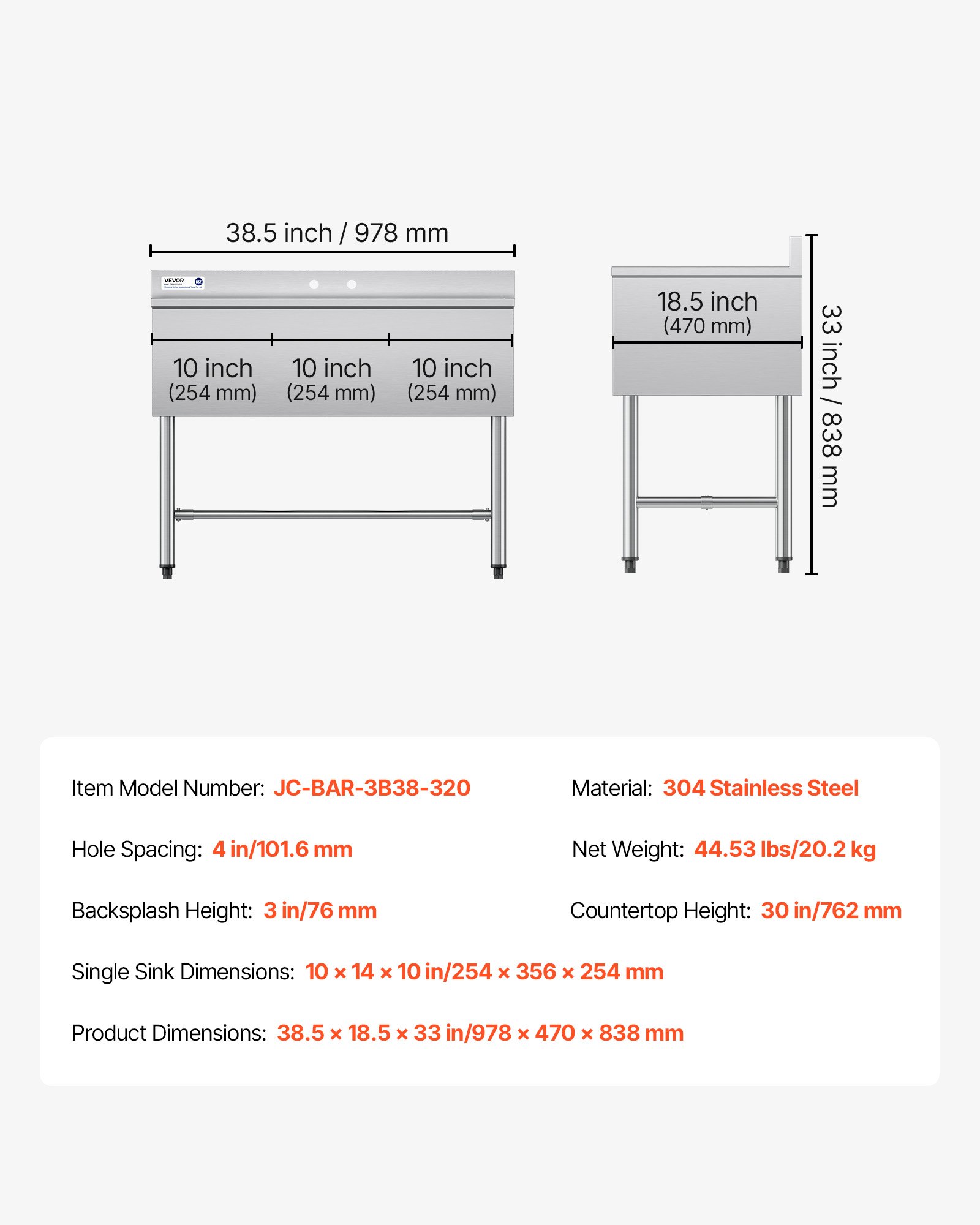 Fregadero comercial de 3 compartimentos, acero inoxidable 304, 10 x 14 x 10 pulgadas