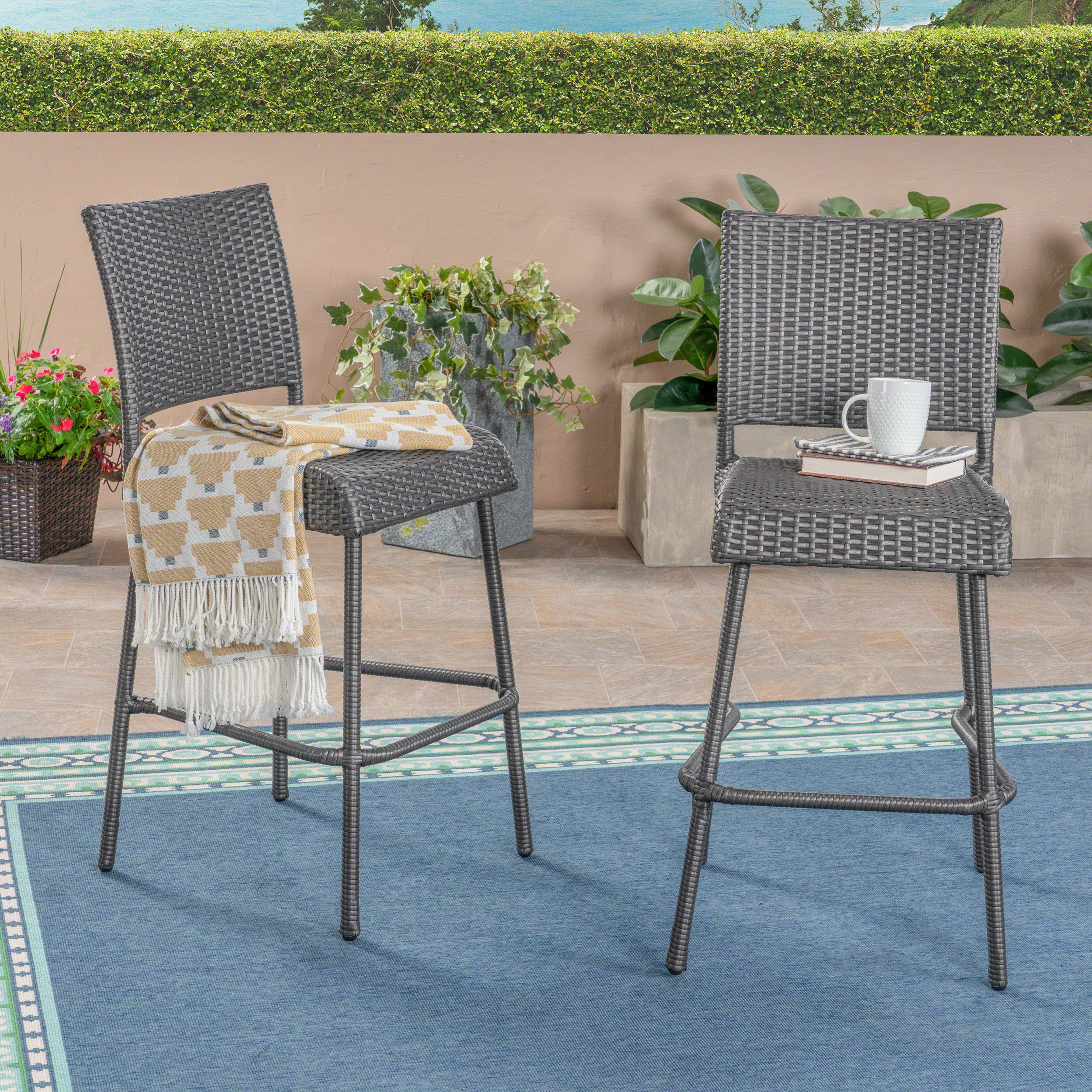 29 Outdoors PE Rattan Armless Barstools, Set Of 2, Grey