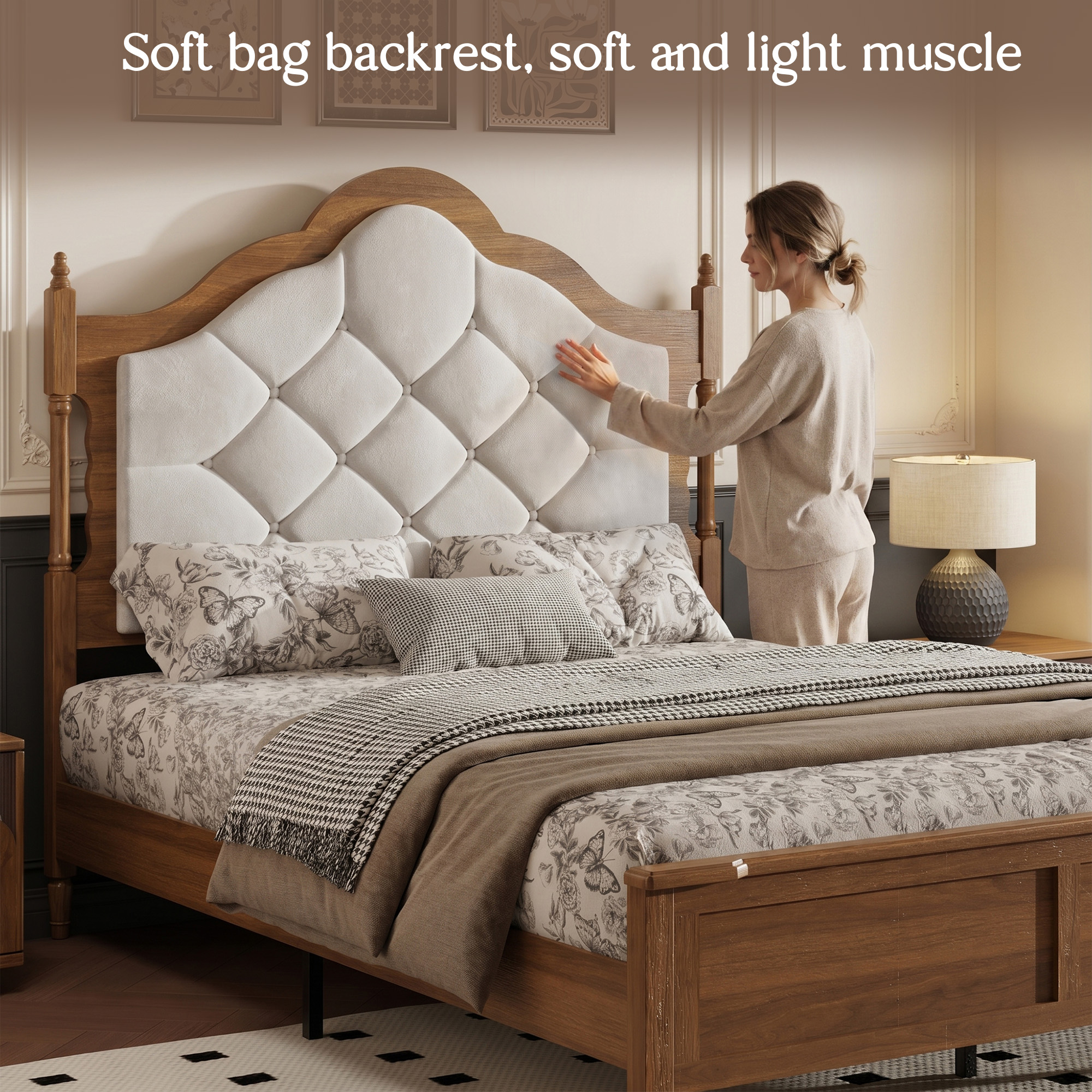 Base de cama Queen de madera con cabecero y piecero tapizados, marrón