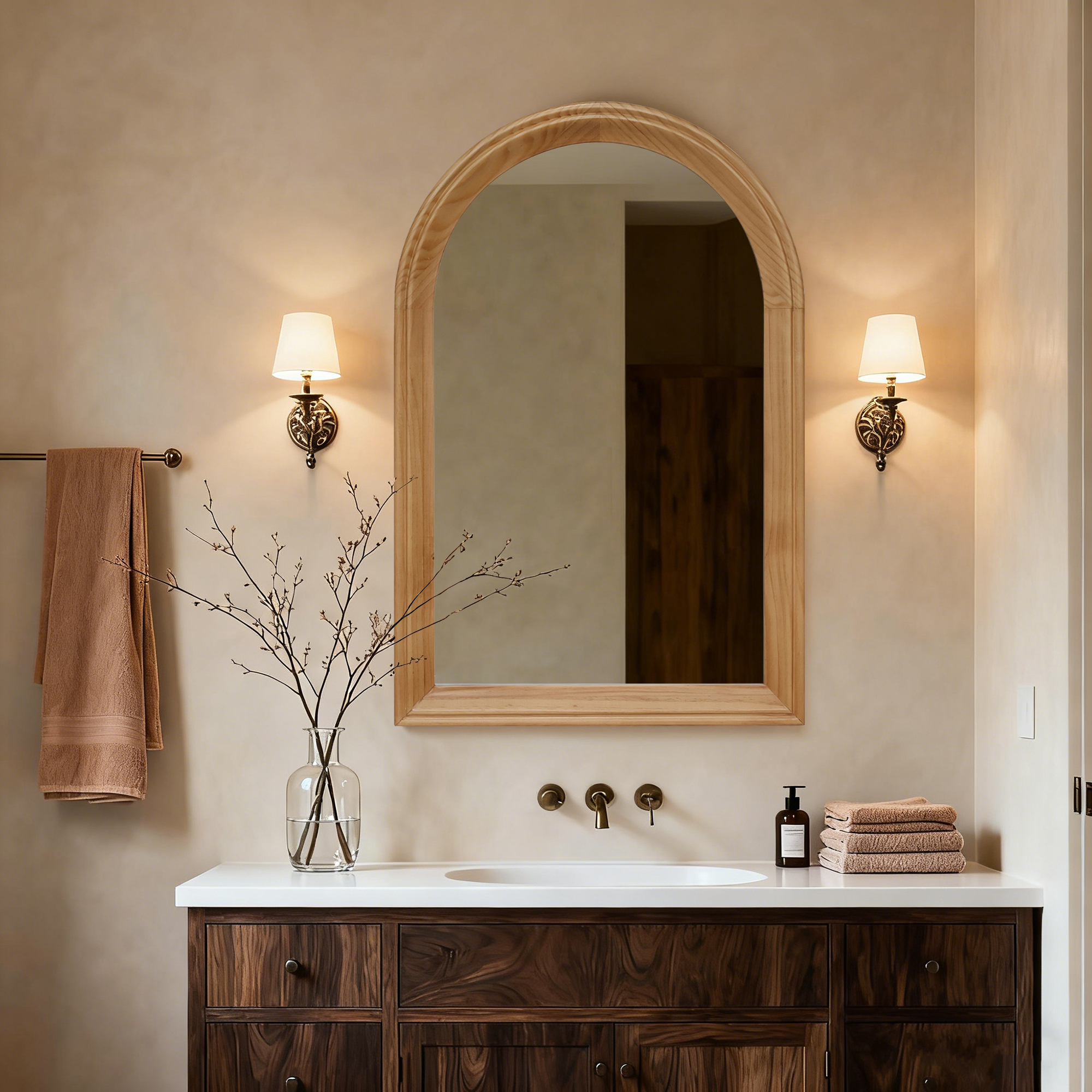 Espejo de pared con marco de madera arqueado, 35.43 x 23.62 pulgadas, roble