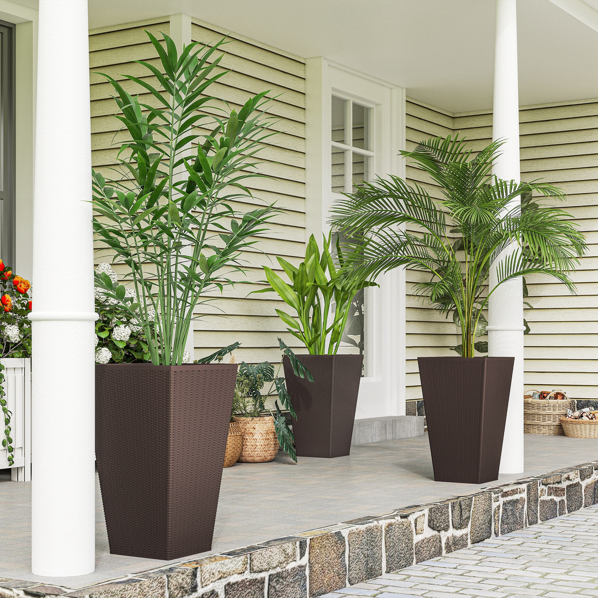 Set of 3 Tall Planters with Drainage Hole, 24" Outdoor Flower Plant Pots, Indoor Planters for Porch, Front Door, Entryway, Patio and Deck, Brown