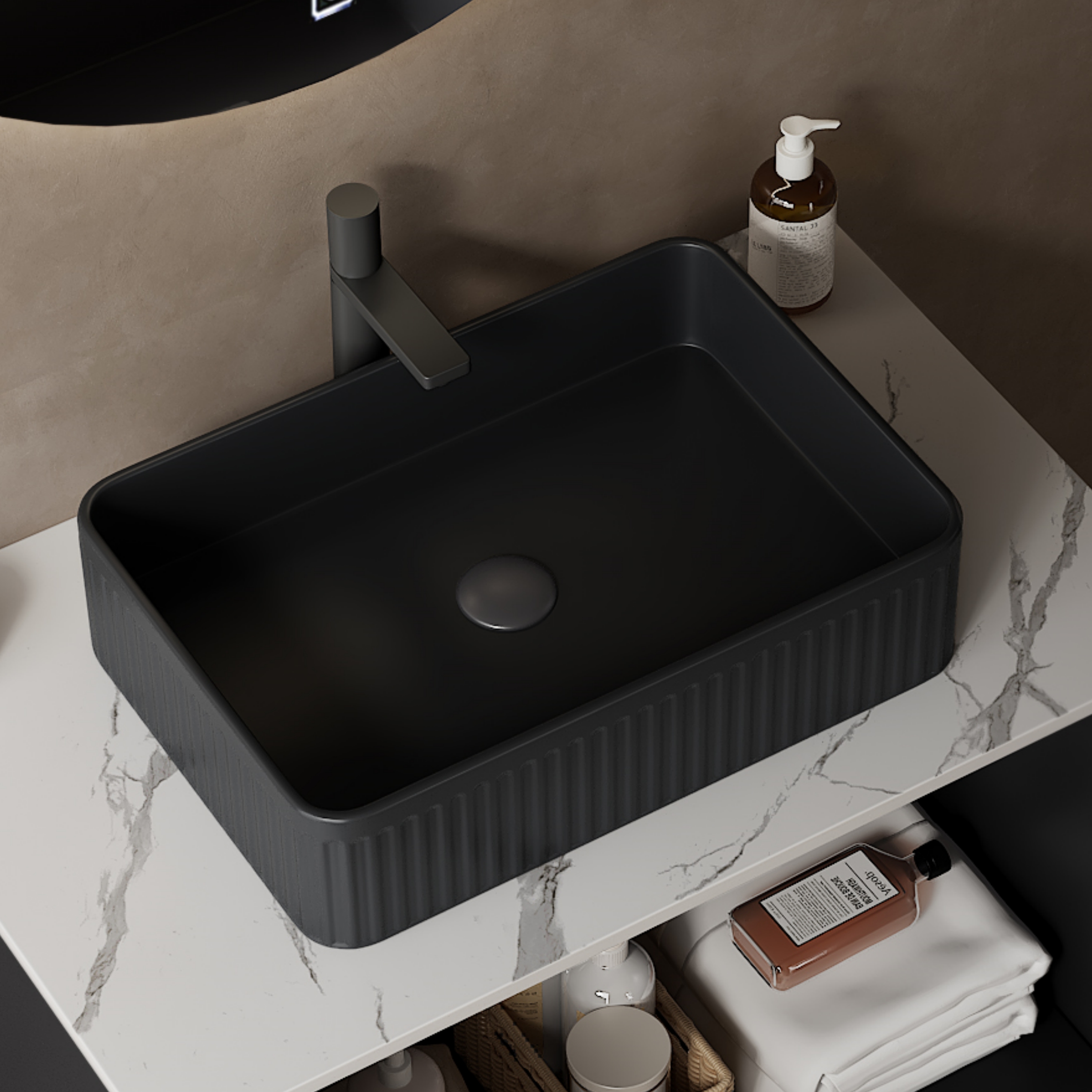 20 Bathroom Sink, Rectangular Striped Vessel Ceramic Basin Without Faucet, NO Cabinet, Black