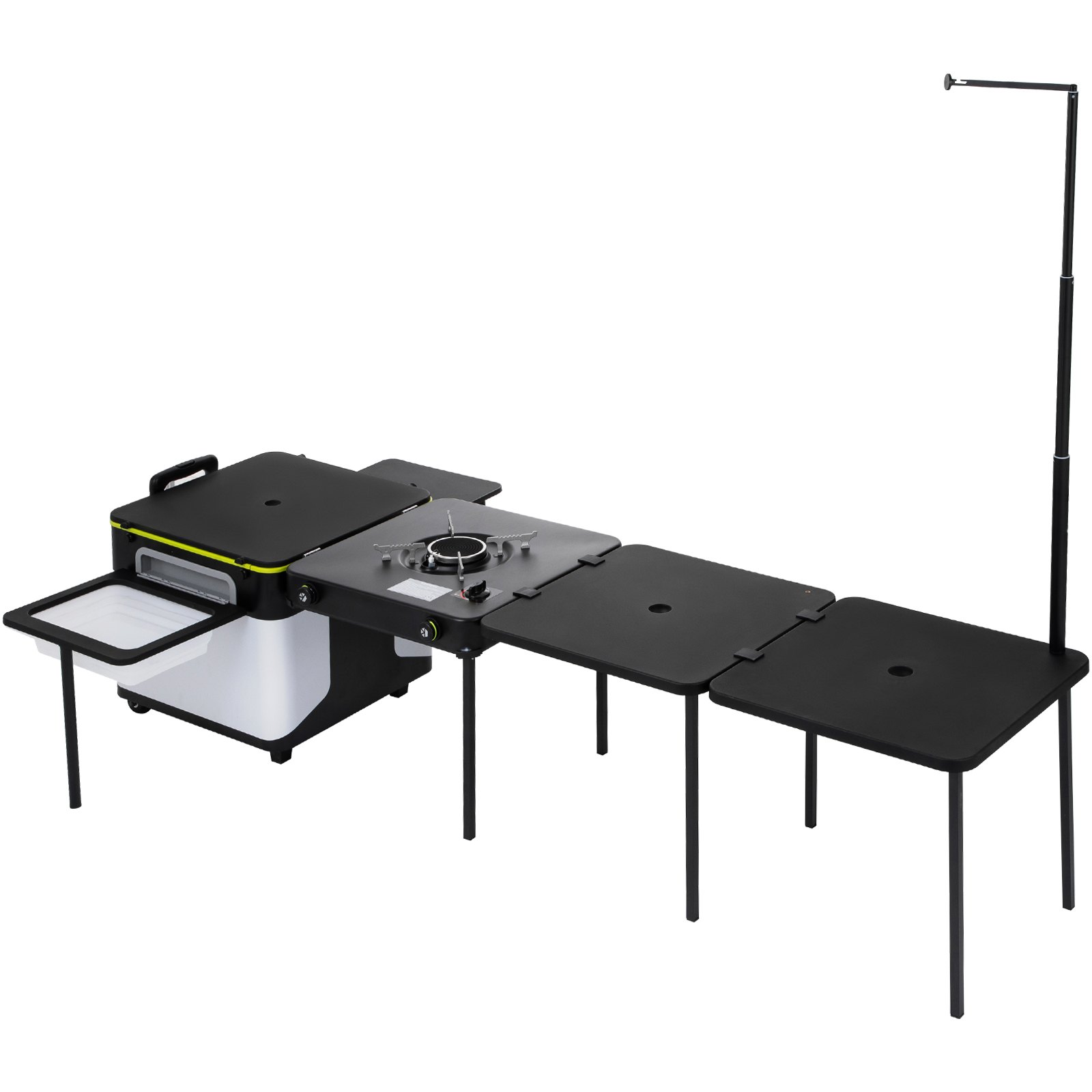 Outdoor Mobile Kitchen, Portable Multifunctional Camp Box With Wheels All In One Integrated Cooking Station With Windproof Stove, Folding Tables Storage Organizer, Black