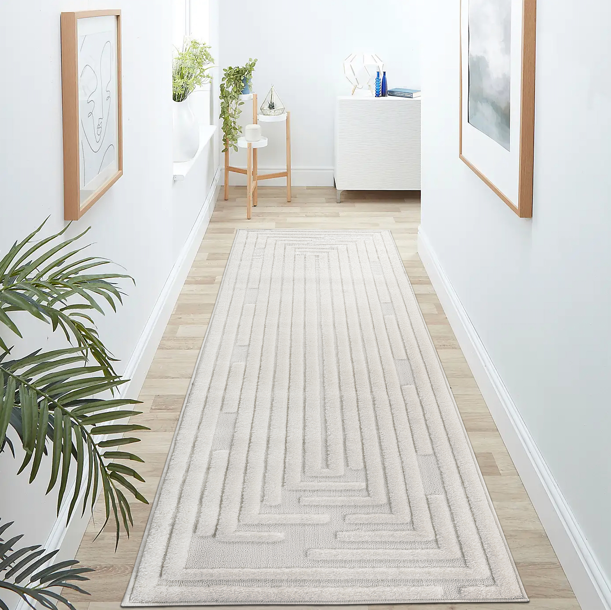 Alfombra de pasillo Step Collection, 2.2x8 pies, rayas crema, moderna, no suelta pelo