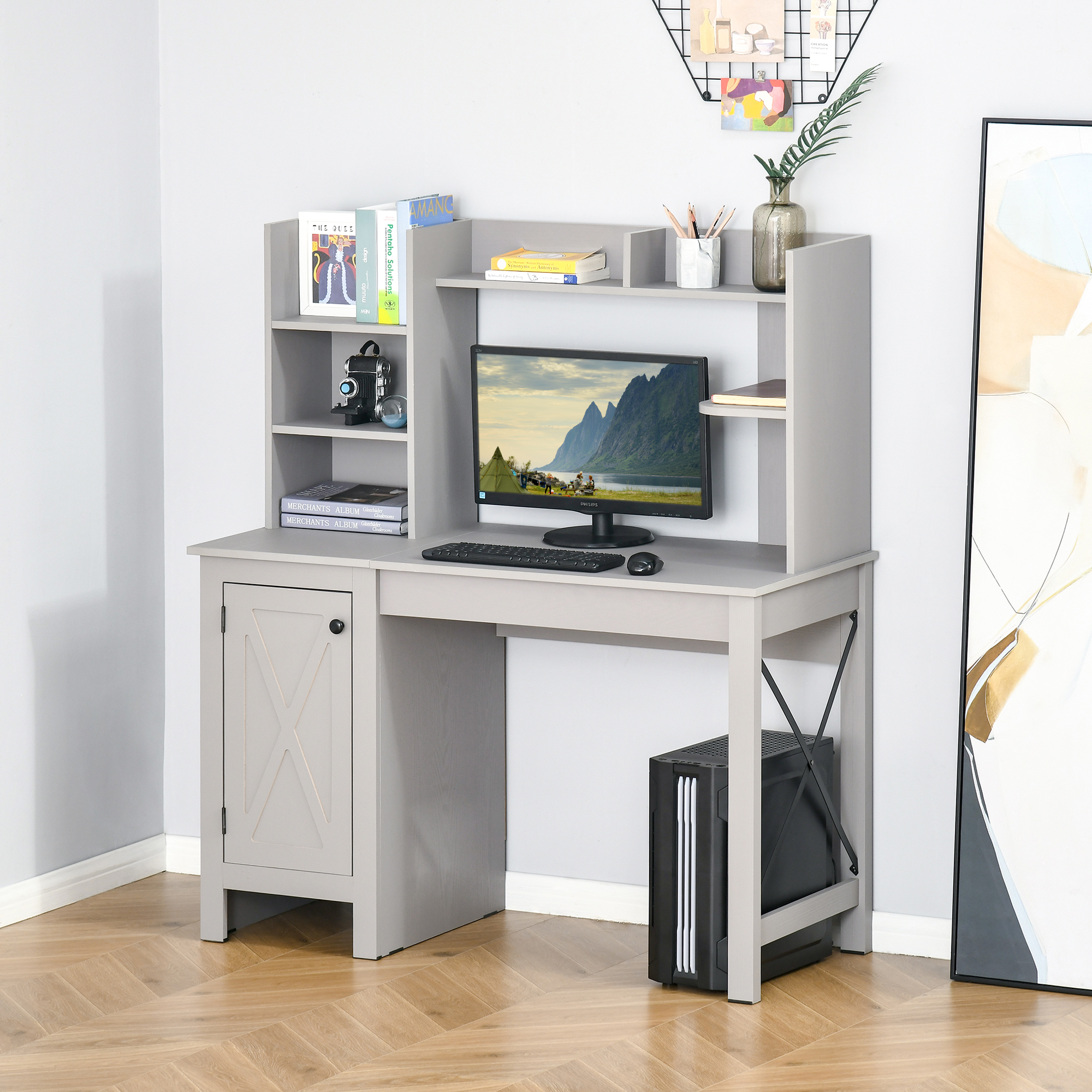 Escritorio de computadora con estante superior y gabinete de almacenamiento, gris claro