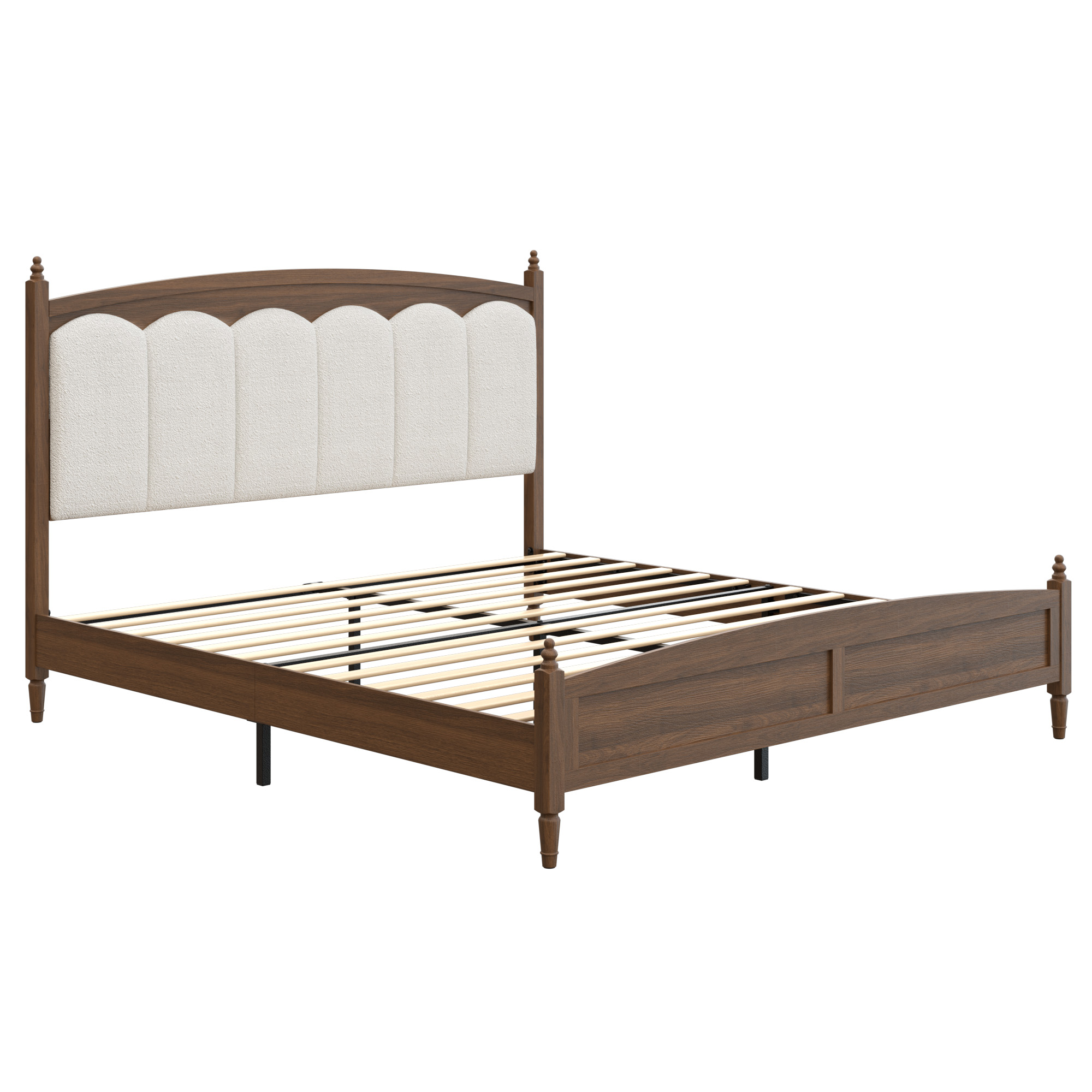 Base de cama plataforma tamaño King con cabecero tapizado, marrón de mediados de siglo