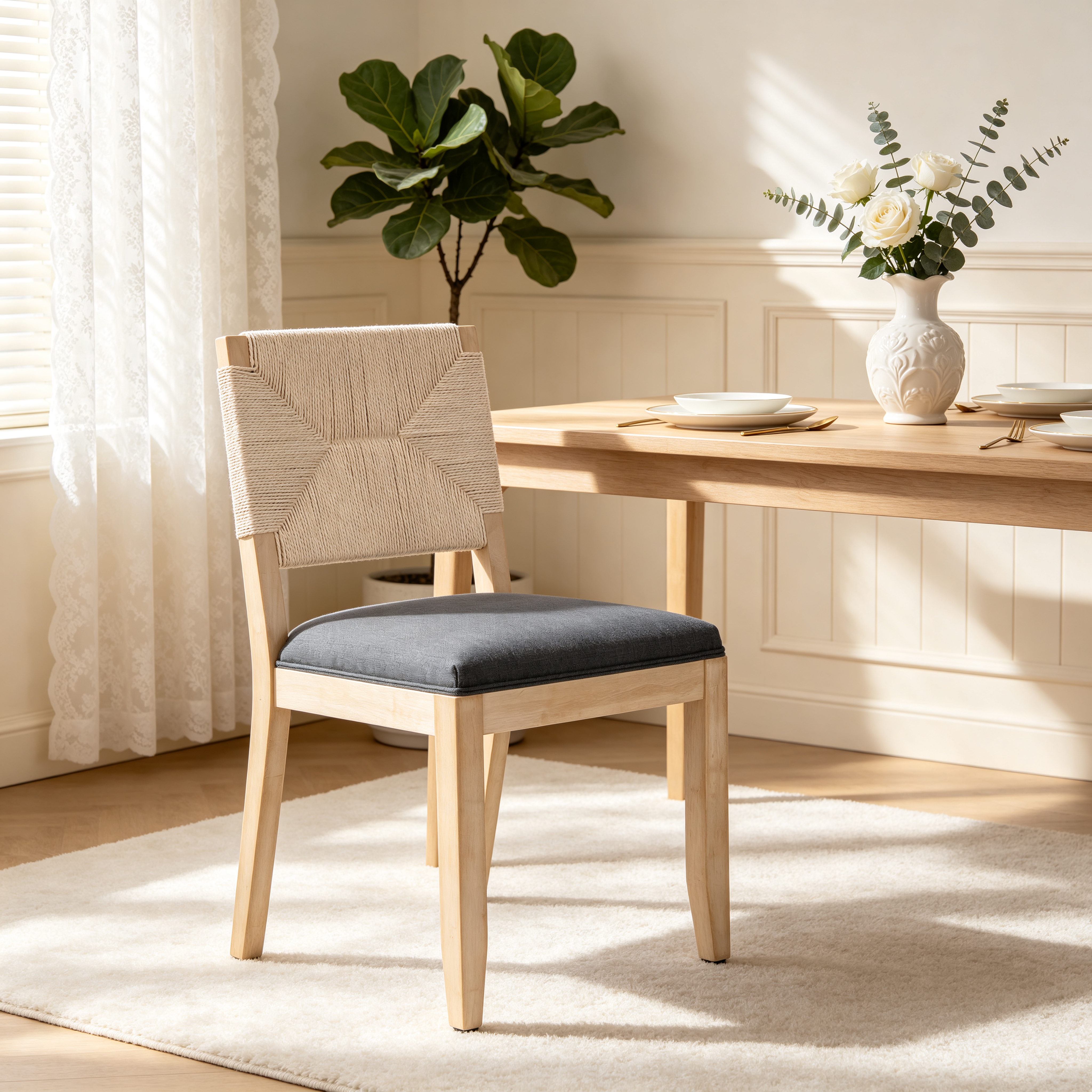 French Country Dining Chairs Set of 2, Beige Farmhouse Kitchen & Dining Room Chairs, Boho Wood Dining Chair with Woven Back & Linen Upholstered Seat, Solid Wood Frame, Grey