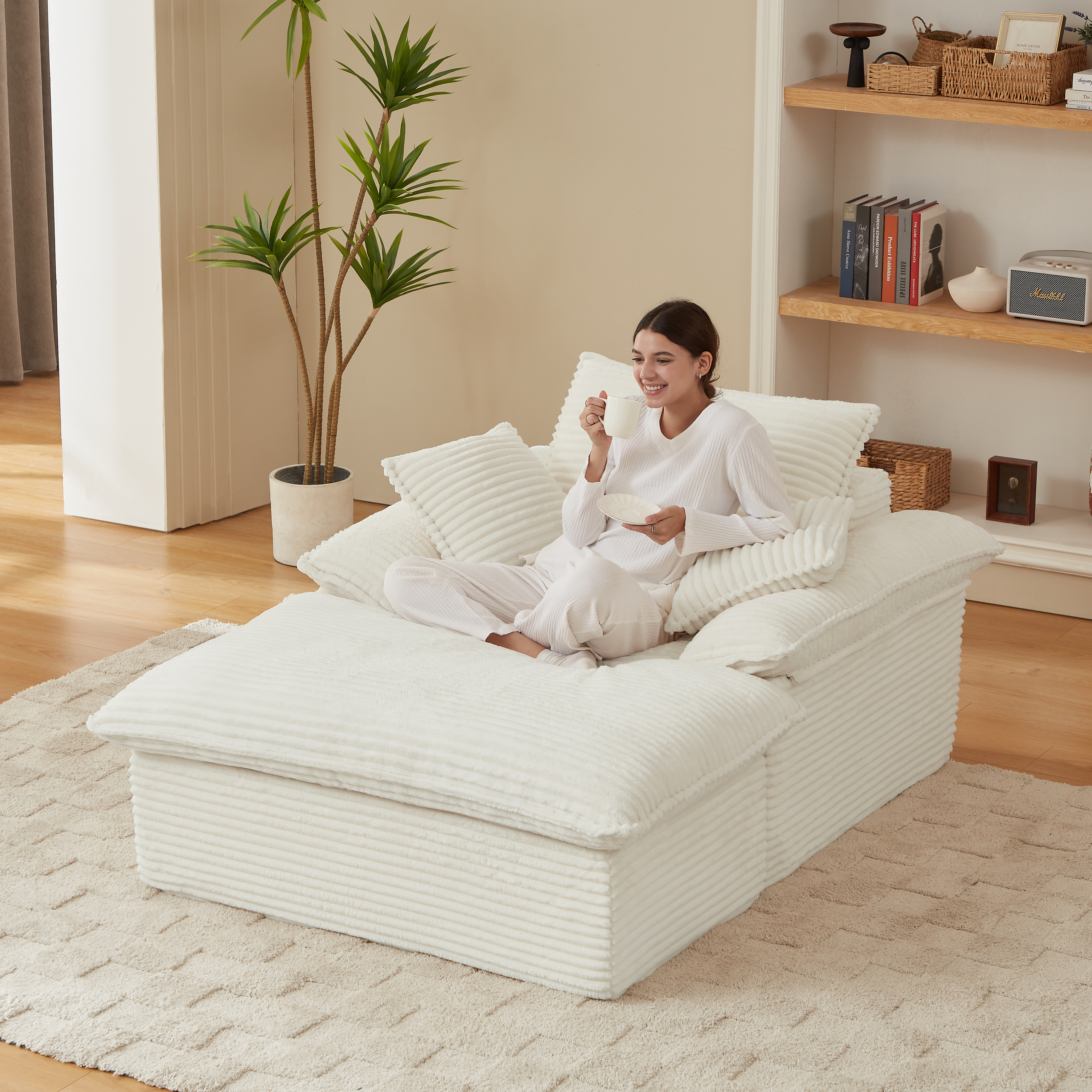51.97 Inch Modern Comfortable Cushioned Compression Single Seat Sofa With Unique Footrest Design, Lounge Chair For Living Room, Bedroom, Apartment, Office, White