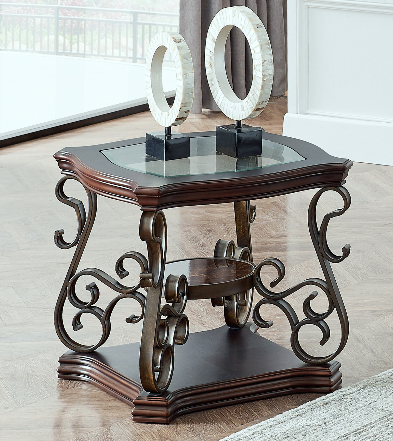 End Table,  Glass Table Top, MDF W Marble Paper Middle Shelf, Powder Coat Finish Metal Legs. 26.3Lx26.3Wx24H