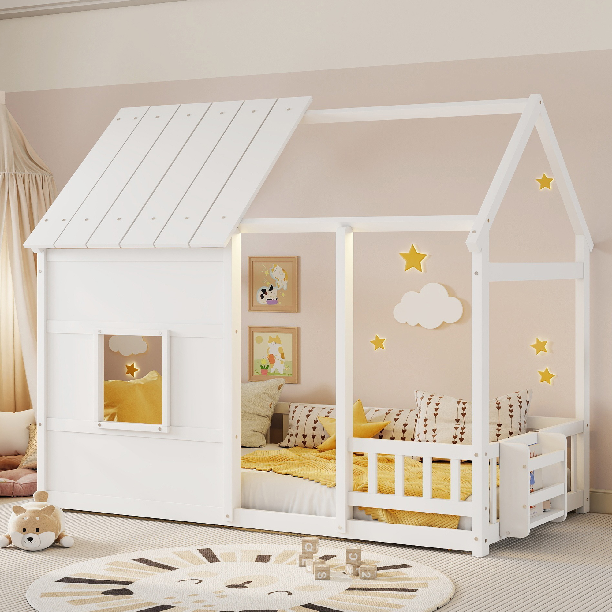 Twin Size House Floor Bed With 7 Colors LED Light Of White Color