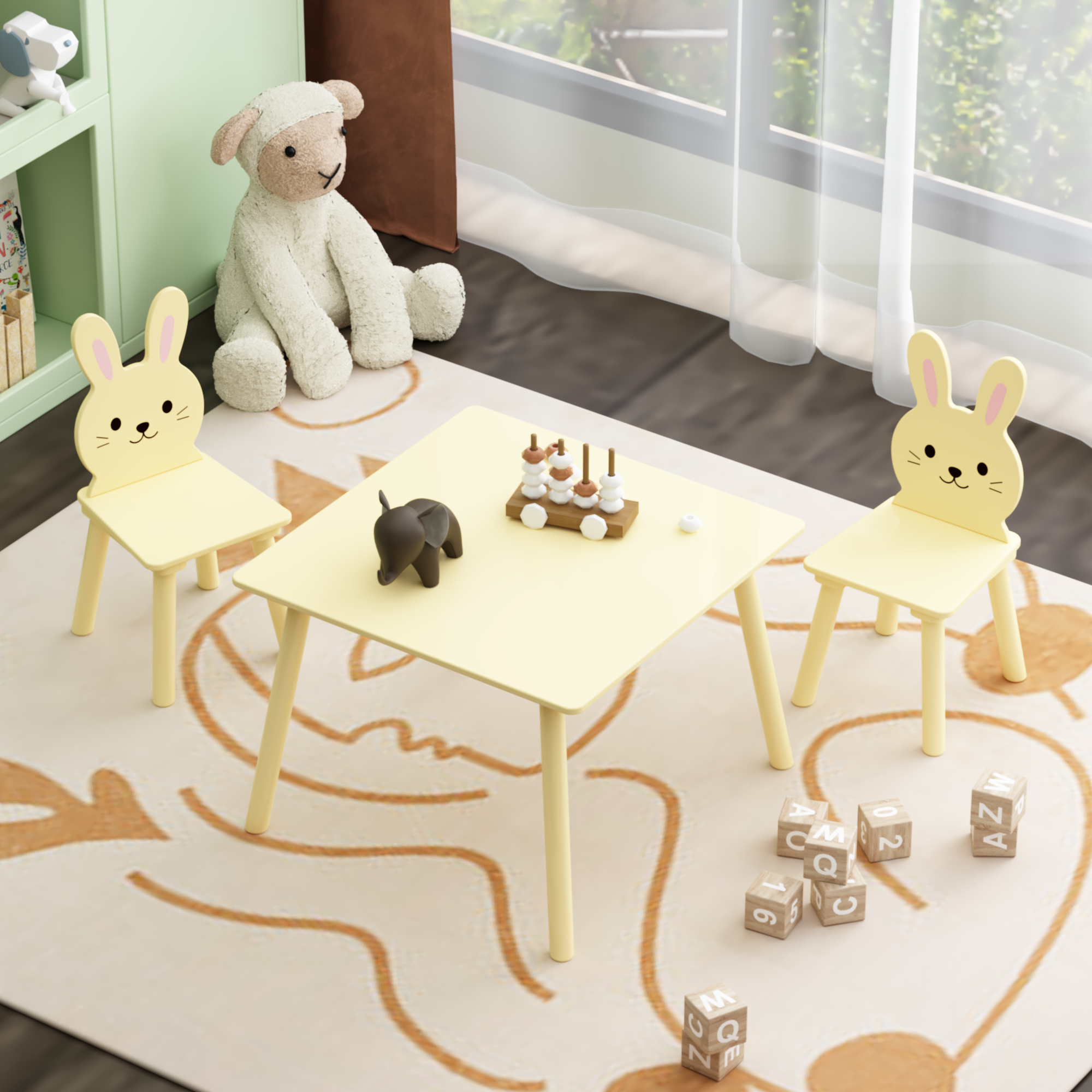 Set de mesa y 2 sillas de conejo de madera para niños, diseño de animales, amarillo crema
