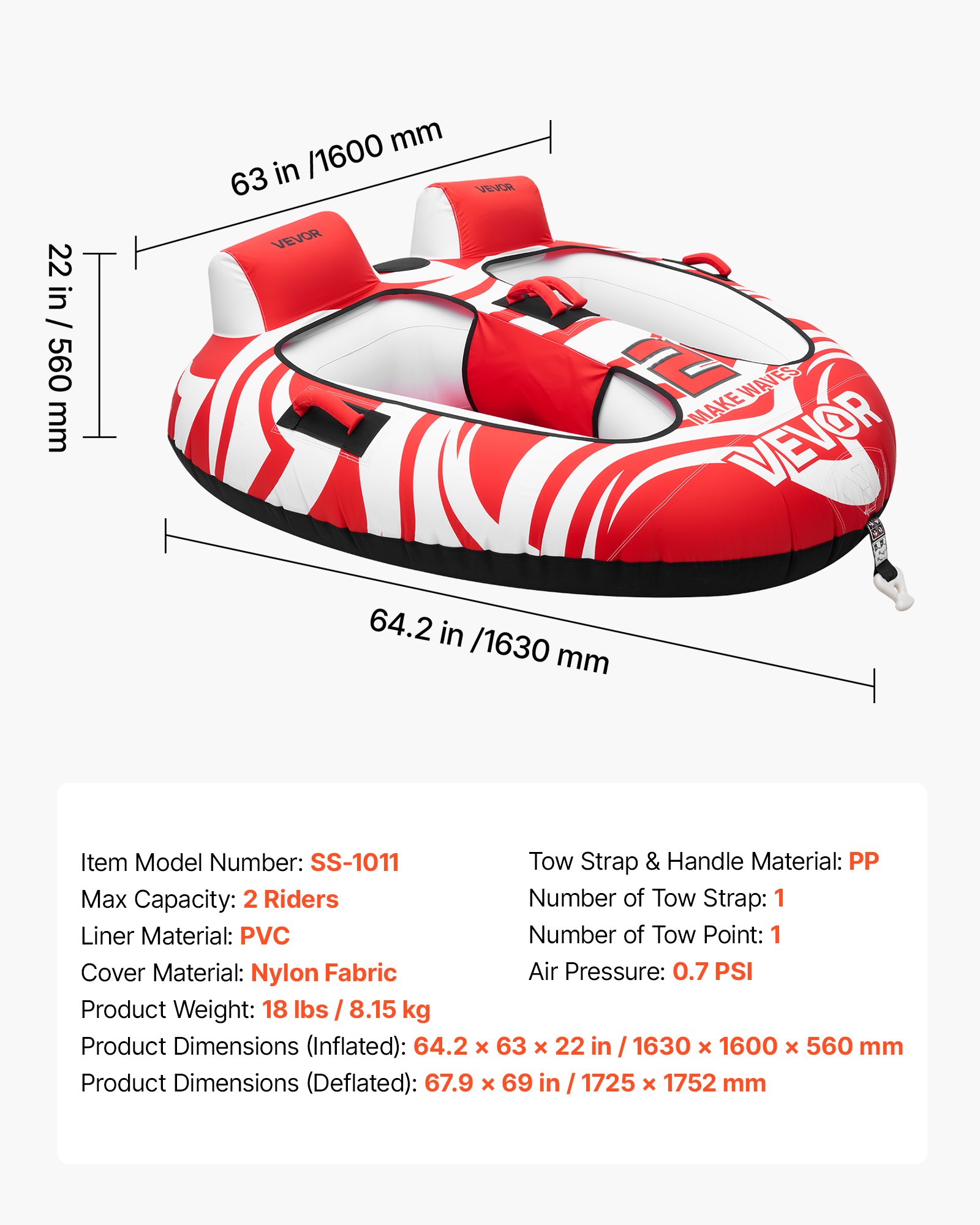Towable Tubes For Boating, 2-Rider Inflatable Boat Tubes And Towables, 340 Lbs Capacity Water Sport Tubes For Boat To Pull - With 2 Cockpits, Full Nylon Cover, Padded Grab Handles & Safety Valve