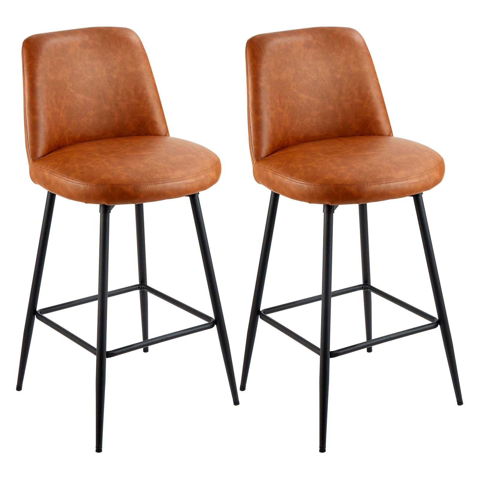 Juego de 2 taburetes de bar giratorios, 27 pulgadas, cuero PU, respaldo, marrón