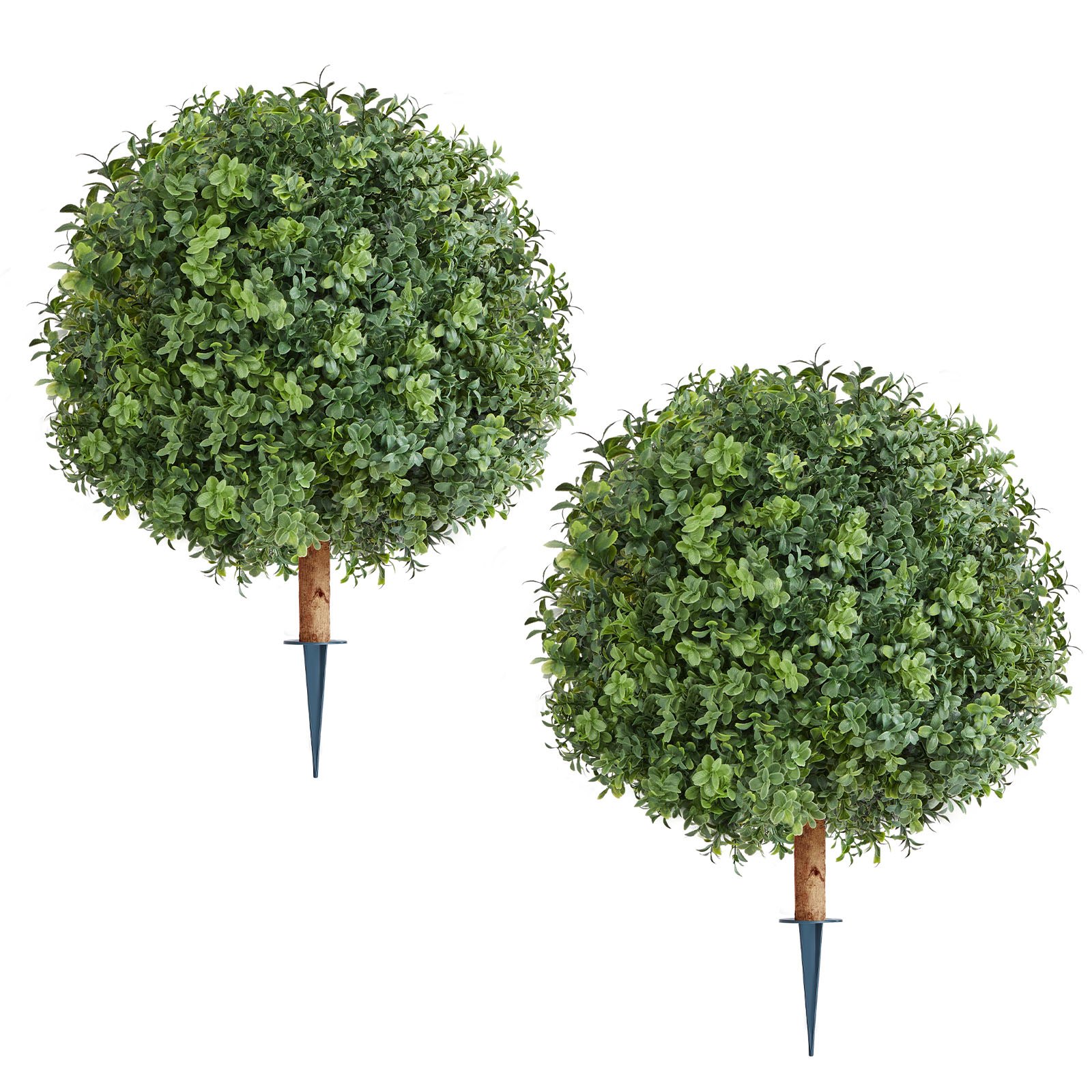 Artificial Topiary Boxwood Trees With Ground Spike, 22 Inch 2 Set Faux Shrubs & Bushes Potted Plants, Fake Silk Tree Look Real For Decor Front Porch Outdoor Indoor Patio Garden Balcony Backyard