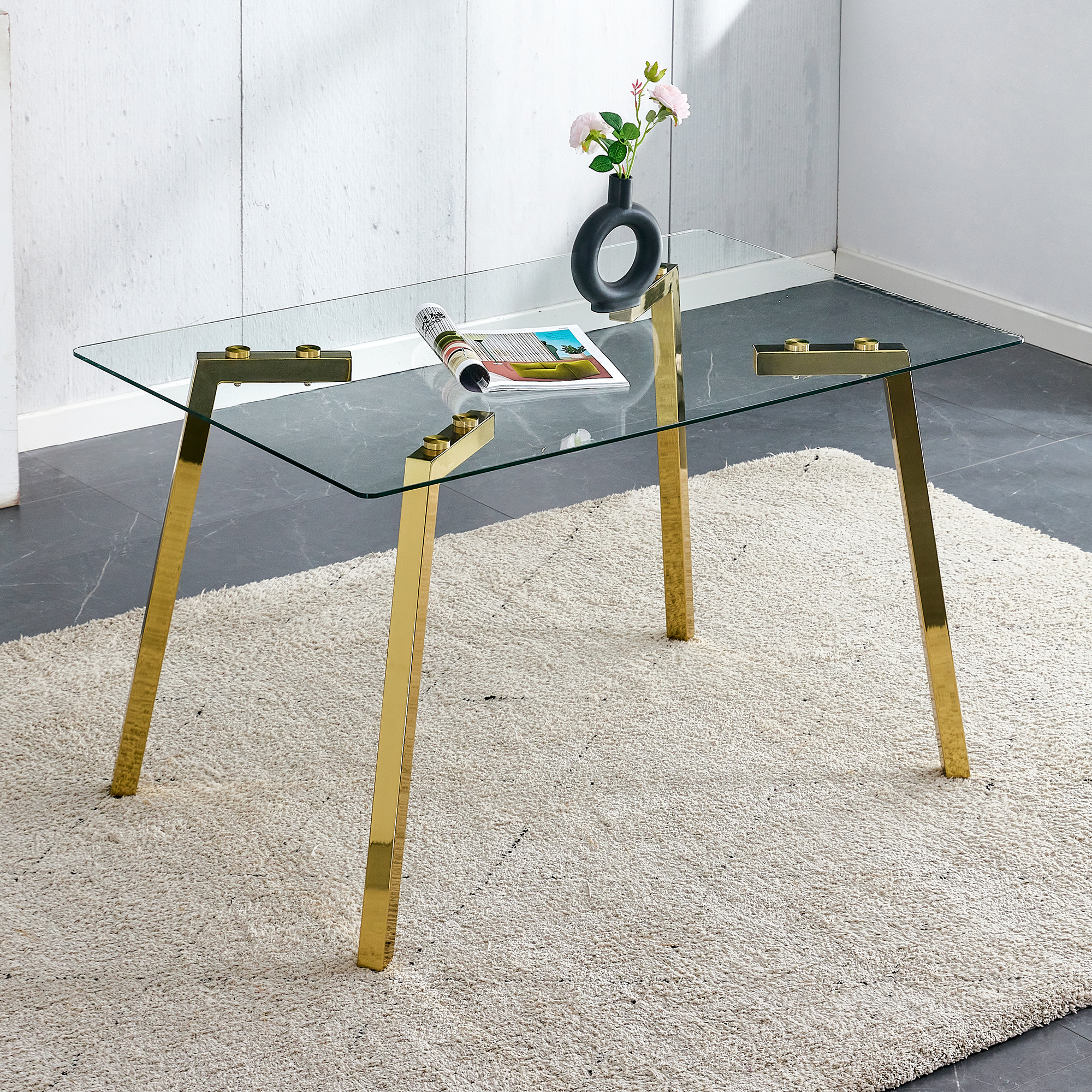 Modern Minimalist Style Rectangular Glass Dining Table With Tempered Glass Tabletop And Golden Metal Legs, Suitable For Kitchen, Dining Room, And Living Room, 51   X31.5x 29.5     1123