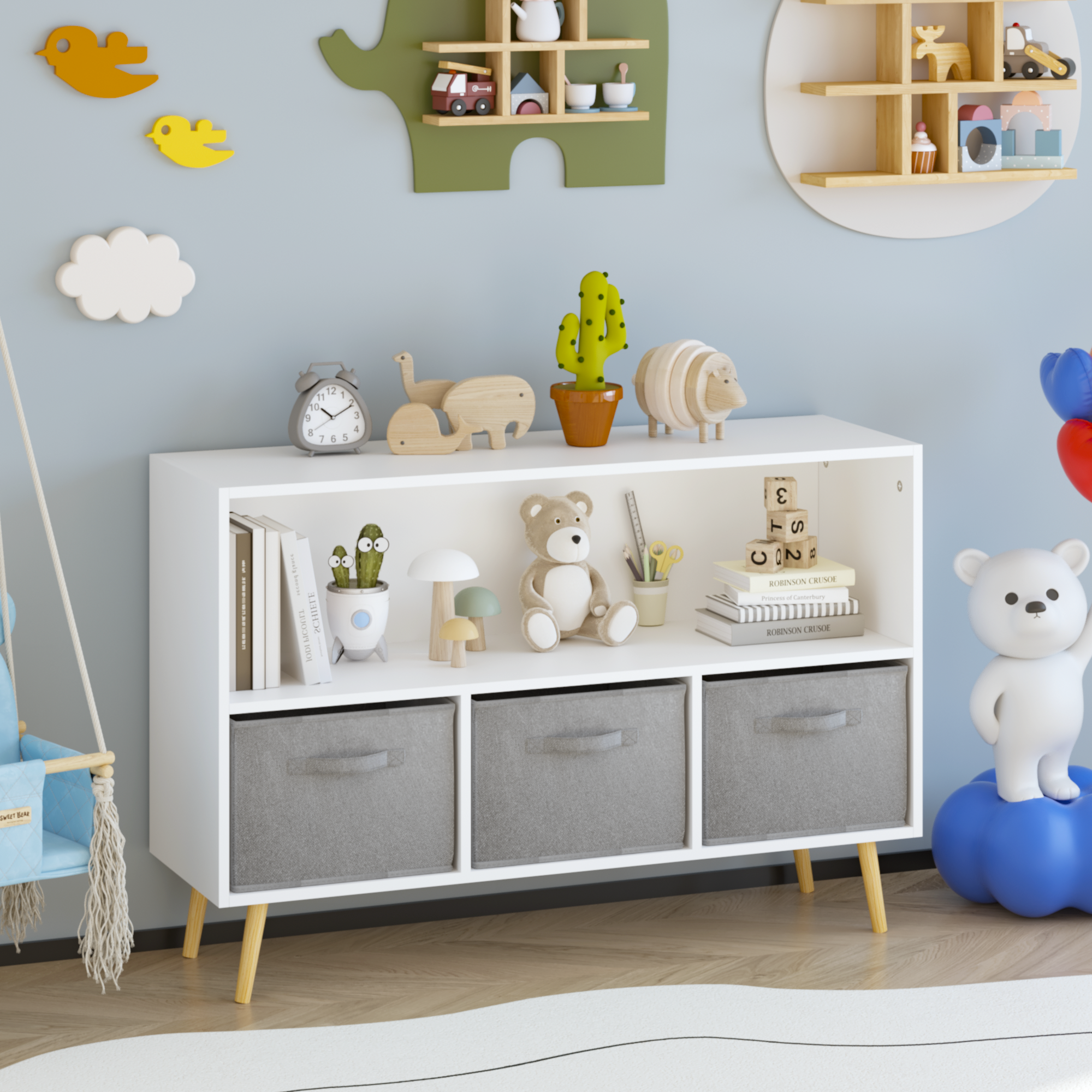 Kids Bookcase With Collapsible Fabric Drawers, Children's Book Display, Toy Storage Cabinet Organizer, White Gray