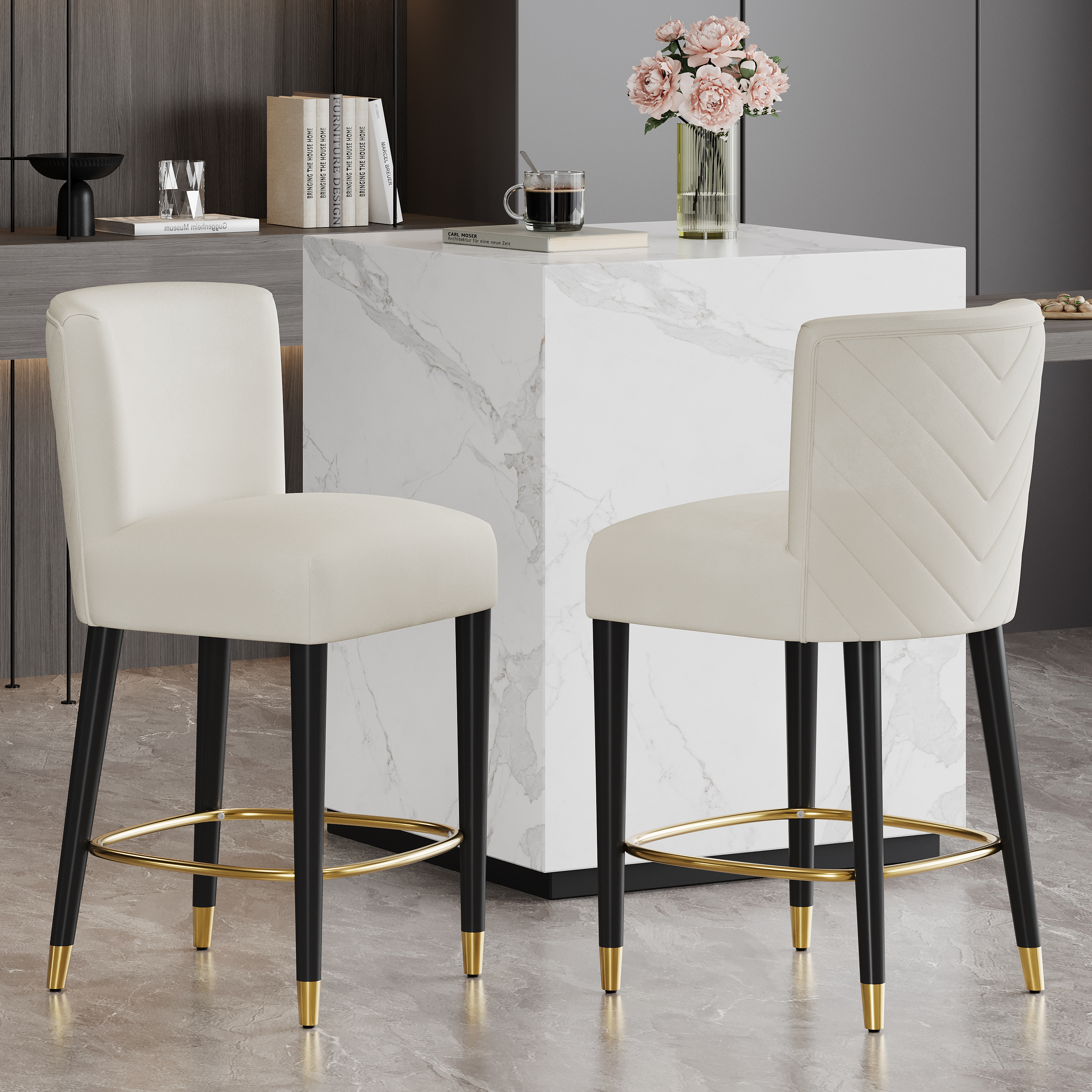 Taburete de mostrador de 27 pulgadas, diseño moderno, tela beige y reposapiés dorado