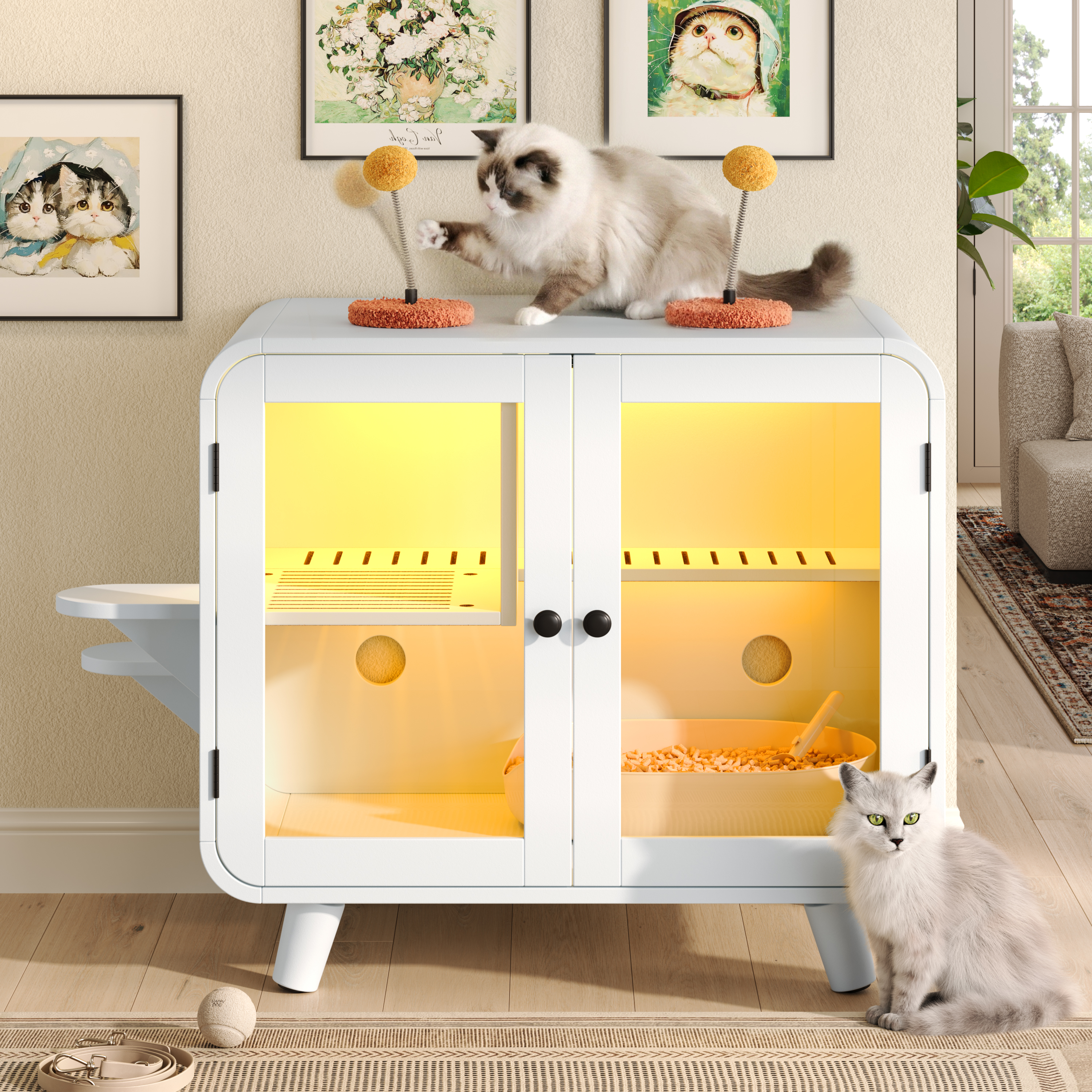 Mueble Arenero Oculto para Gatos con Luz LED RGB, Escaleras y Puertas de Vidrio, Blanco