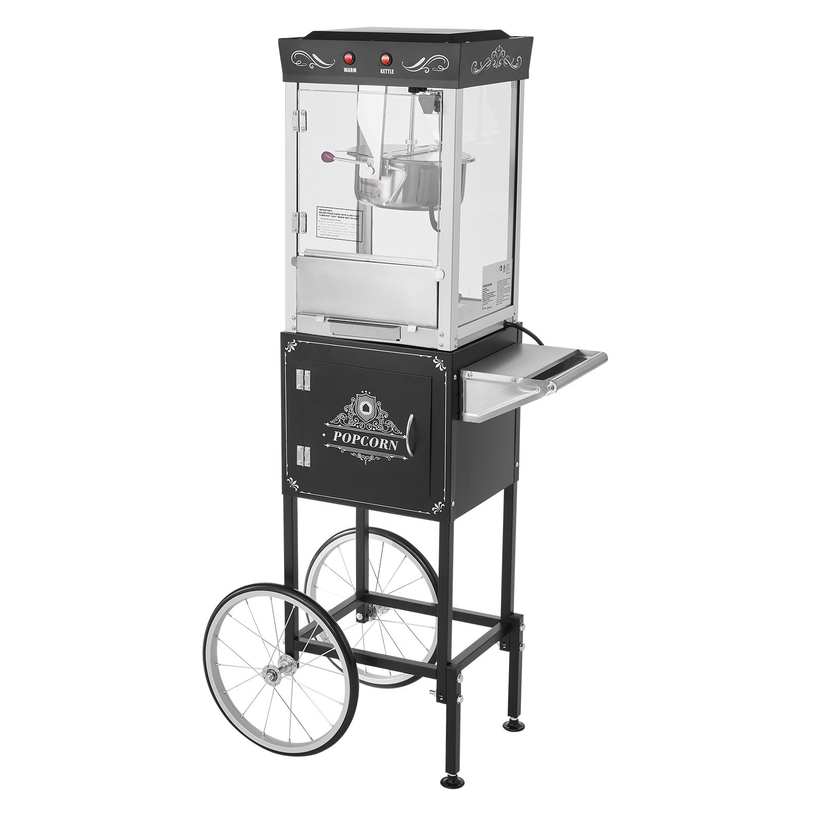 Popcorn Machine With Cart, 8oz Stainless Steel Kettle, 800W Commercial Popcorn Maker, 48 Cups Per Batch Theater Style Popper, With 2-Button Control Glass Wall PC Door 1 Scoop 3 Spoons, Black