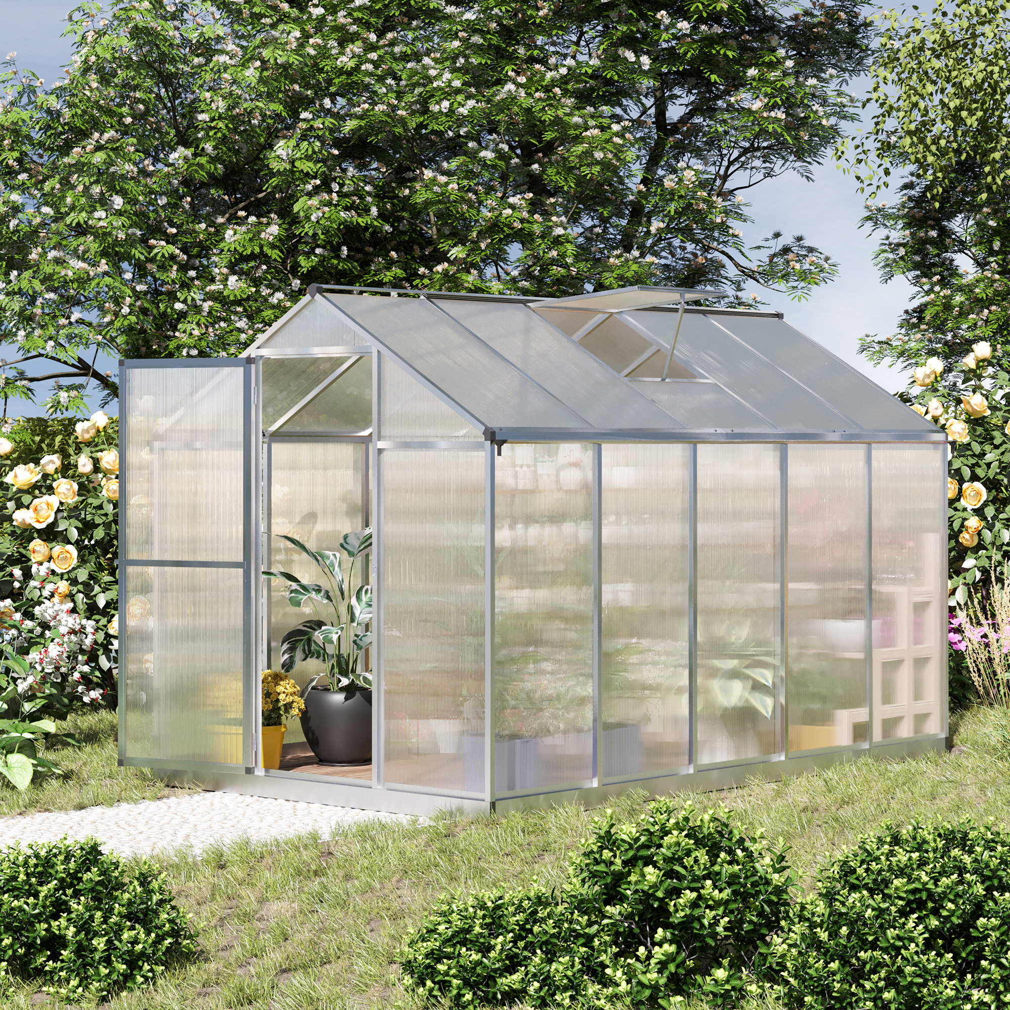 10 L x 6 W Walk-In Polycarbonate Greenhouse with Roof Vent for Ventilation & Rain Gutter for Winter