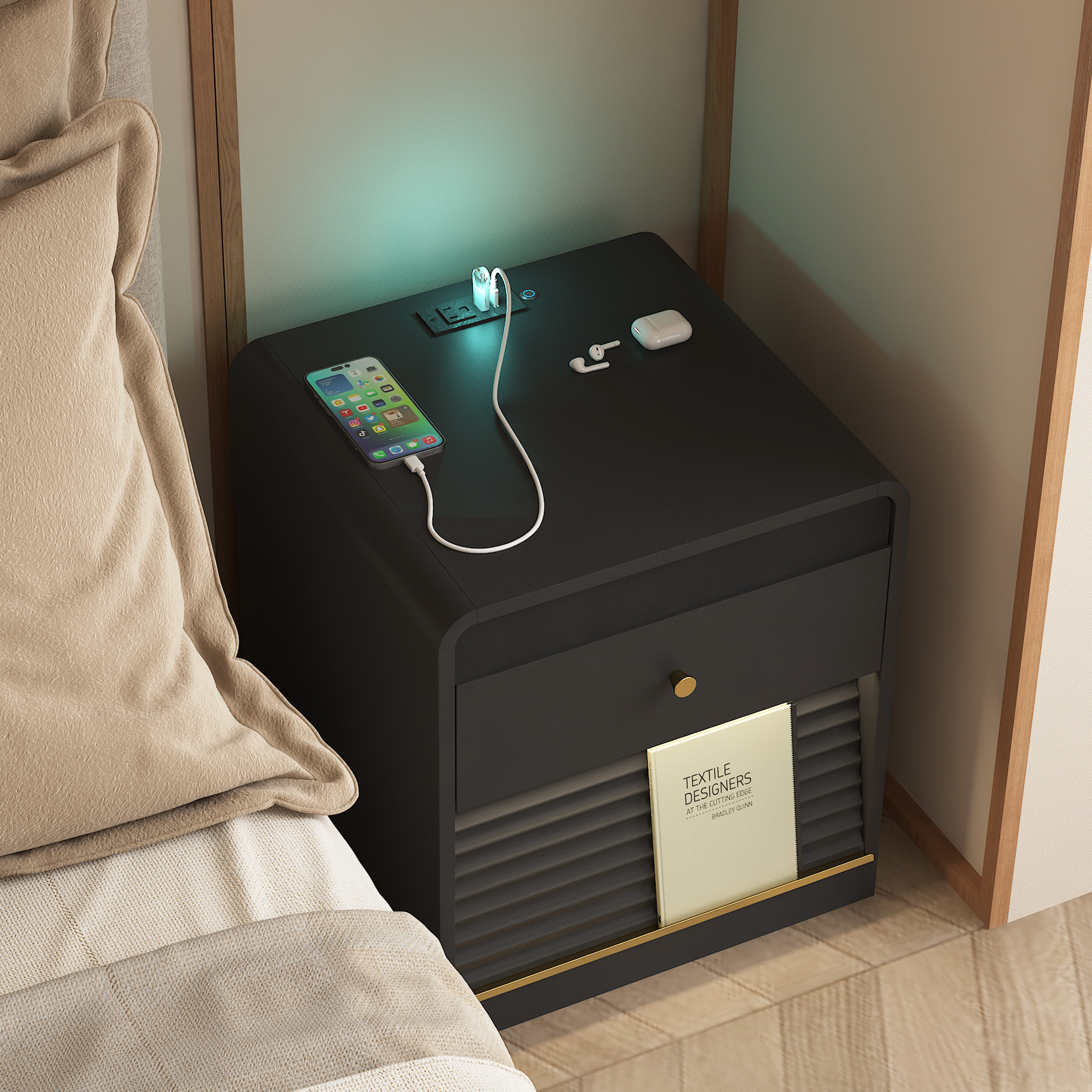 Mesa de Noche Inteligente con Estación de Carga, Luz LED y Gabinete, Negro