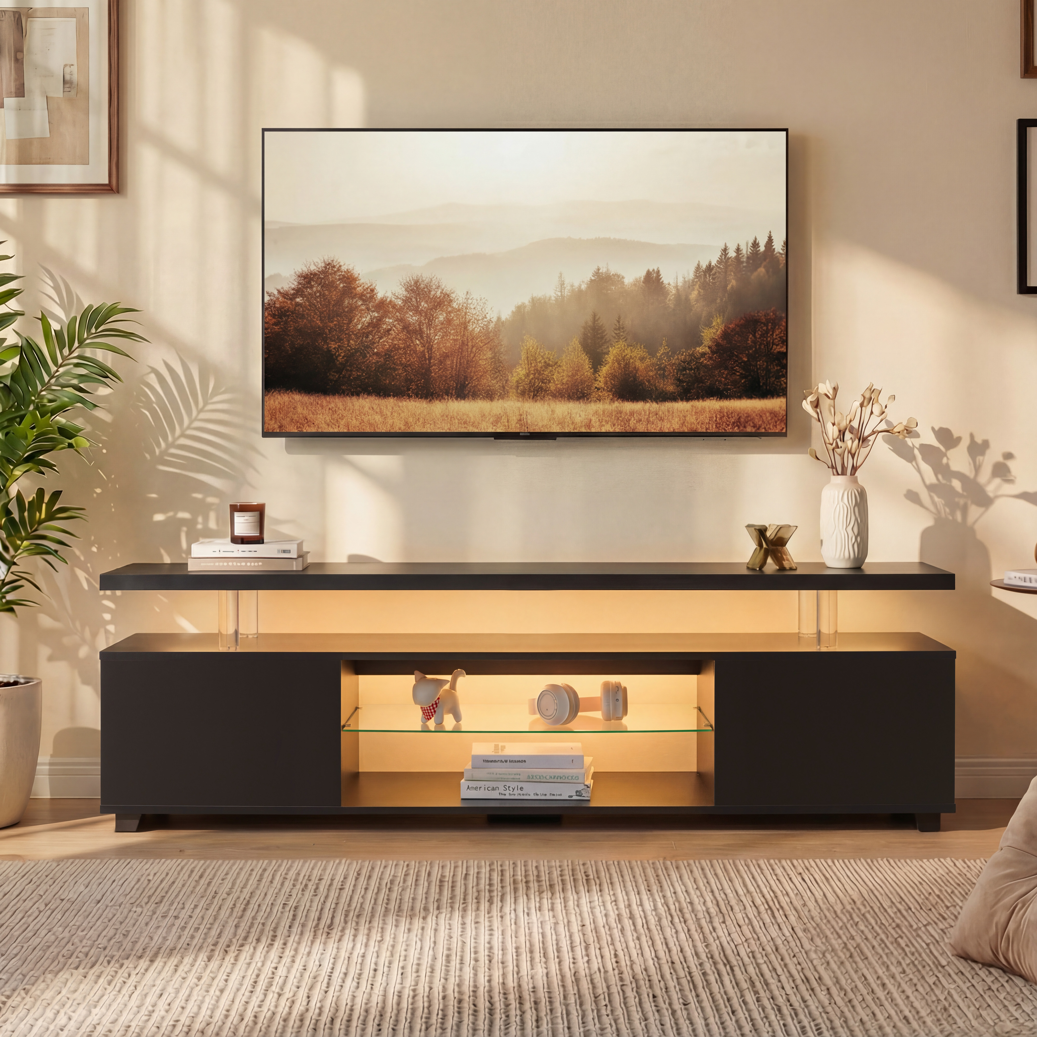 Mueble para TV de 60 pulgadas, centro de entretenimiento con gabinete lateral, negro