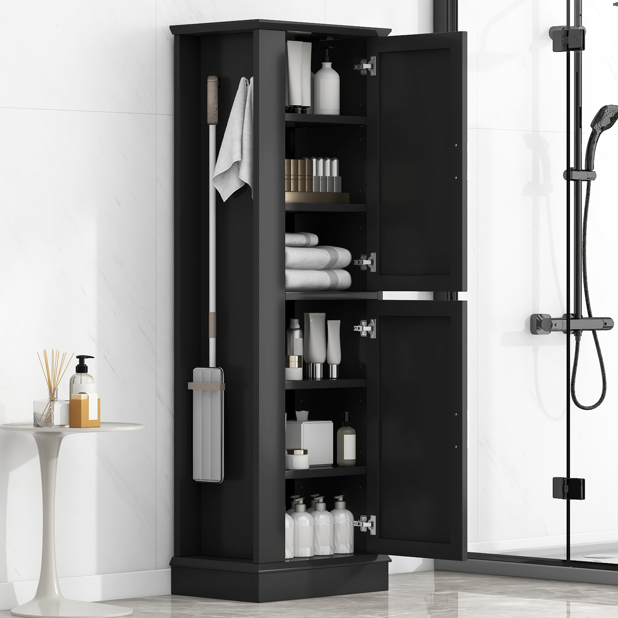 Tall Bathroom Storage Cabinet, Freestanding Storage Cabinet With Hook And Adjustable Shelf, MDF Board, Black