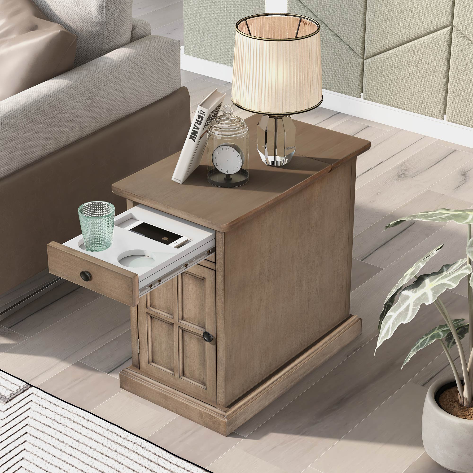 U-Can Classic Vintage Livingroom End Table Side Table With USB Ports And One Multifunctional Drawer With Cup Holders, Antique Brown