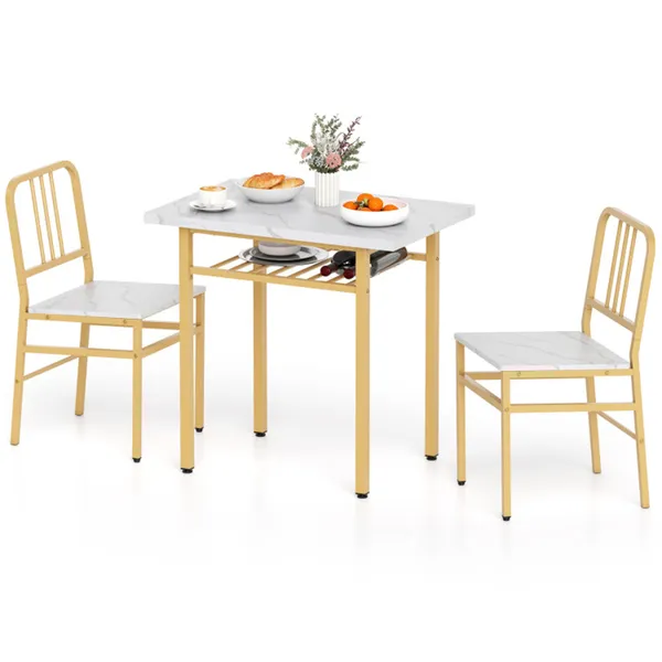 Juego de mesa de comedor de 3 piezas, blanco y dorado, diseño que ahorra espacio