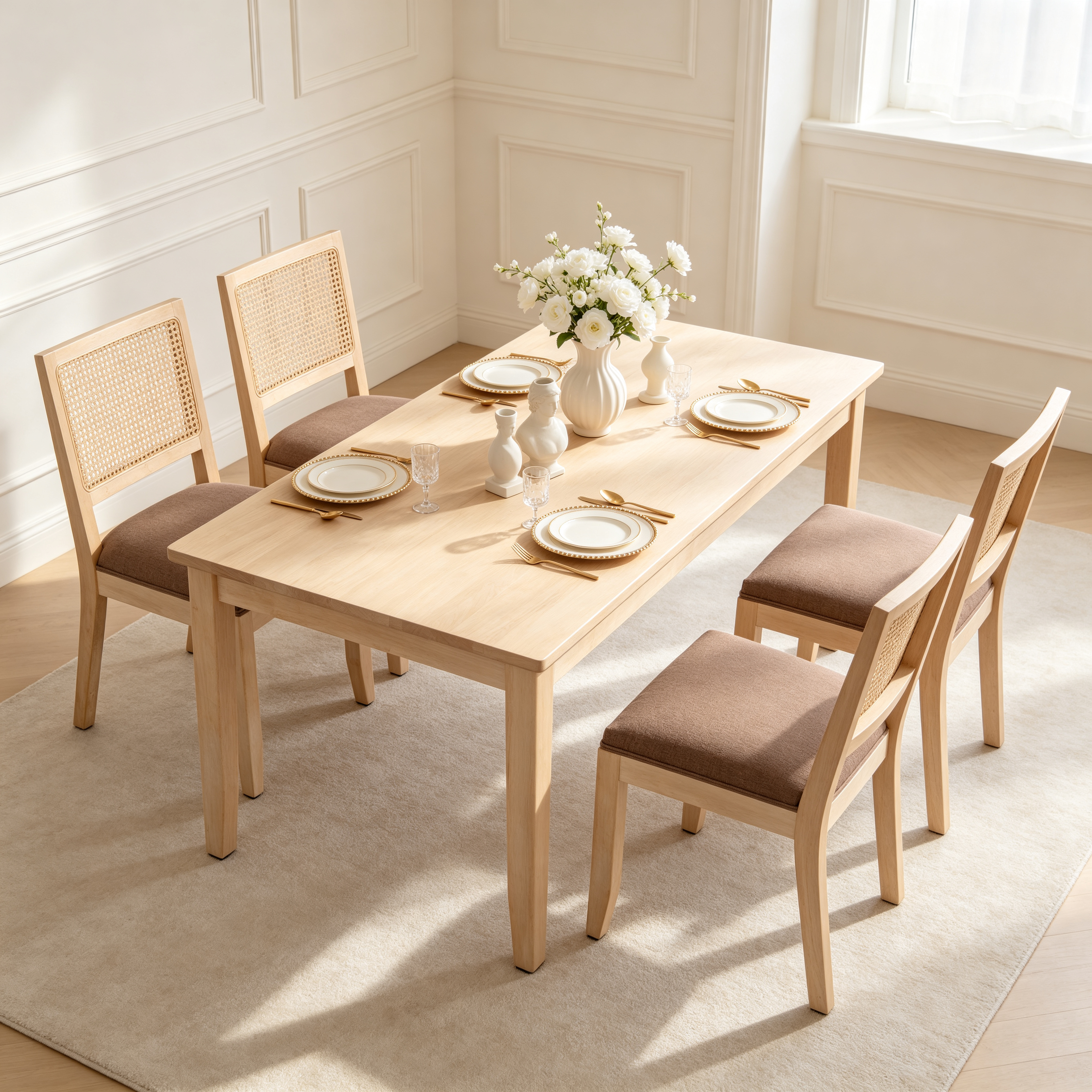 Farmhouse Rattan Dining Chairs Set of 2, Mid Century Modern Kitchen & Dining Room Chairs, Cane Low Back, with Natural Solid Wood Frame,  Tan